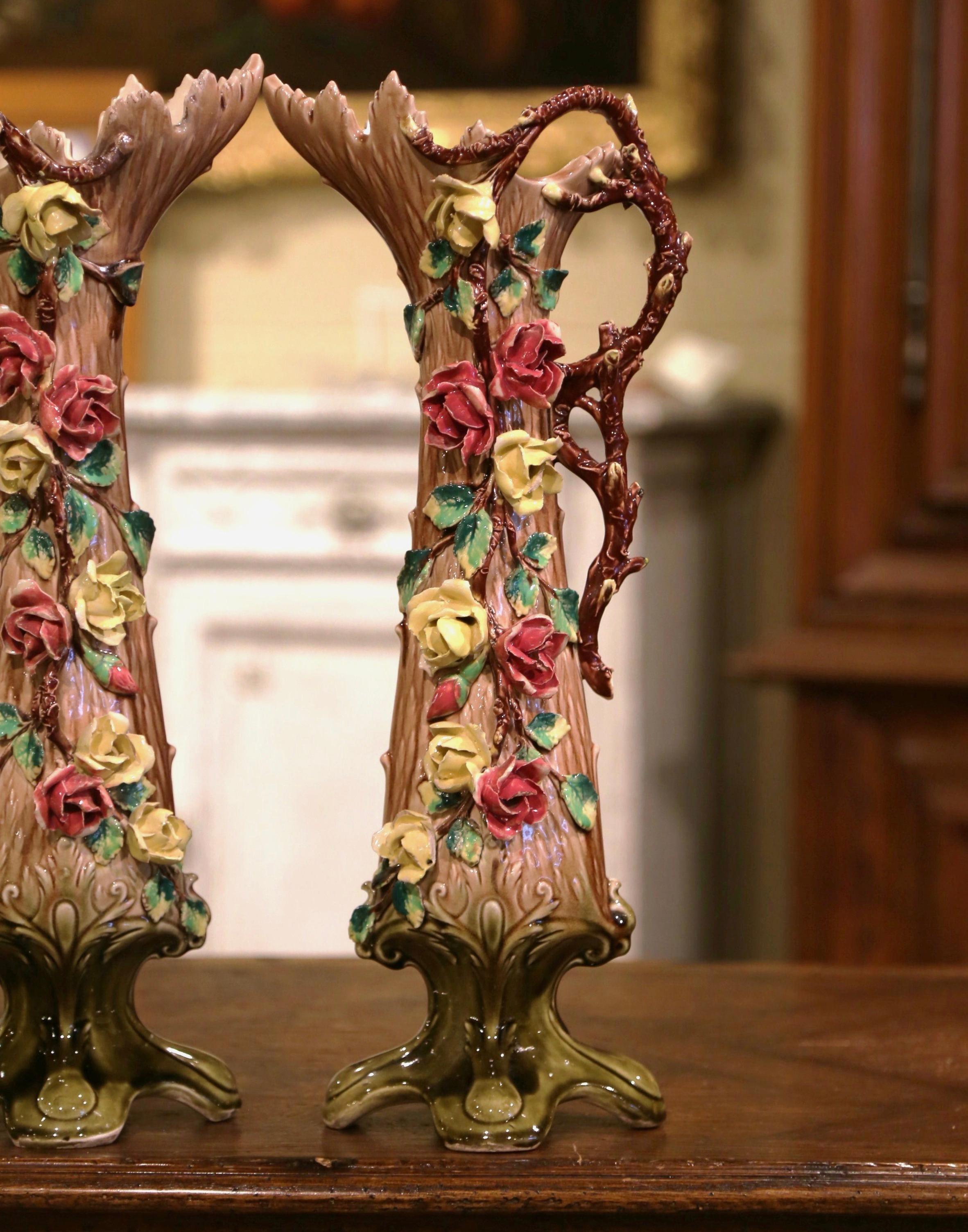 Pair of 19th Century French Painted Ceramic Barbotine Vases with Floral Decor In Excellent Condition For Sale In Dallas, TX