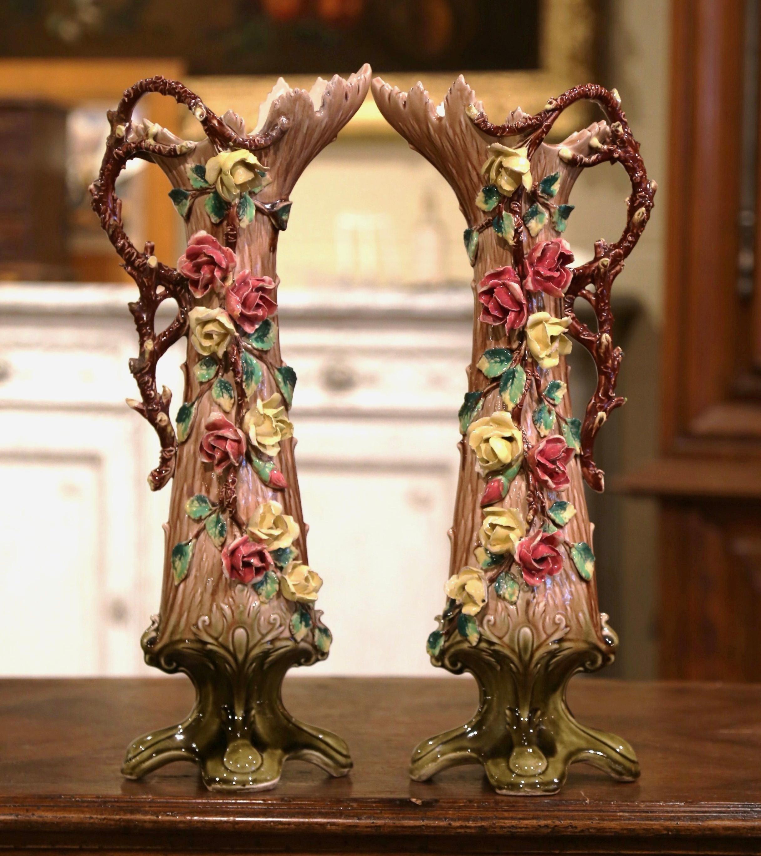 Majolica Pair of 19th Century French Painted Ceramic Barbotine Vases with Floral Decor For Sale