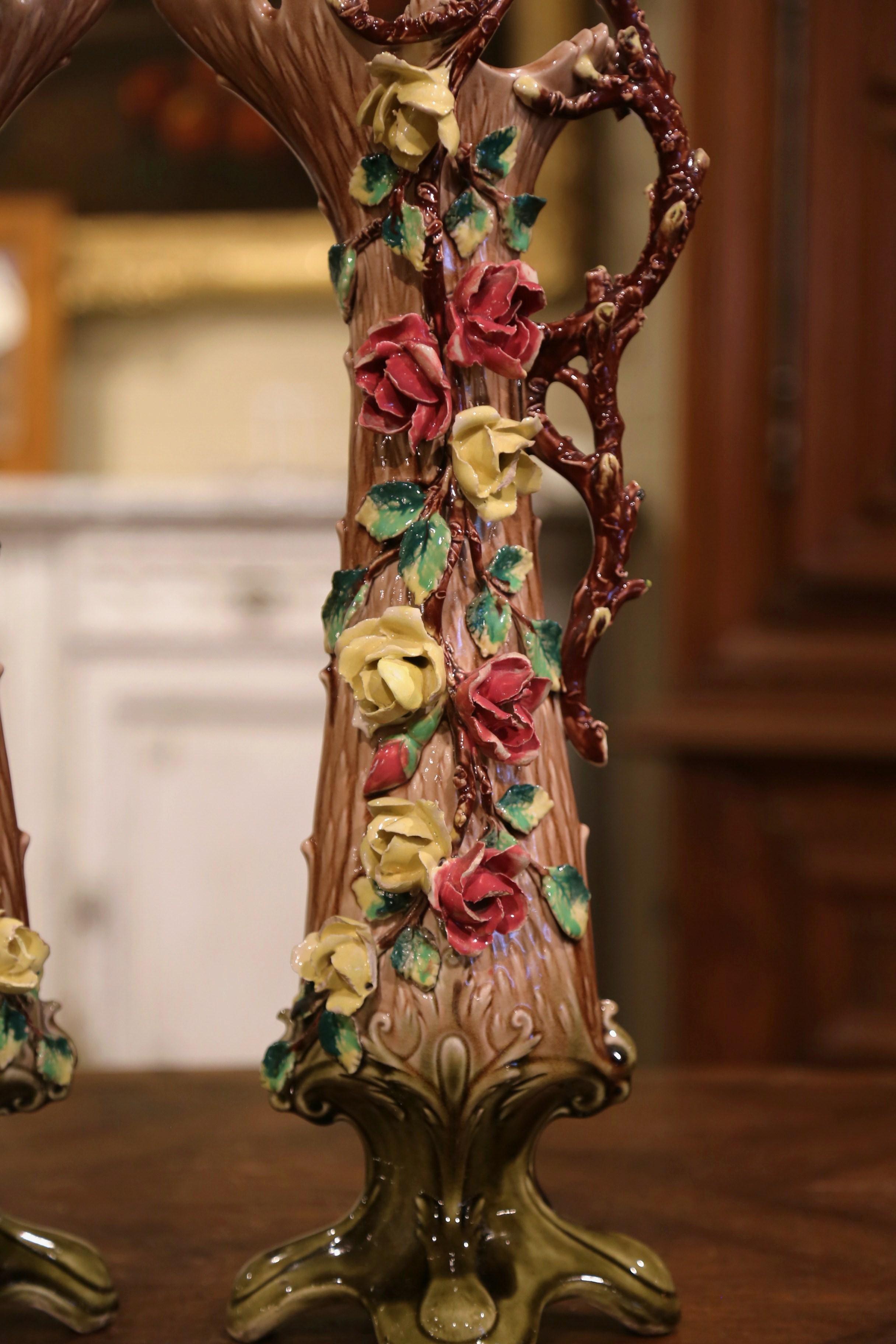 Pair of 19th Century French Painted Ceramic Barbotine Vases with Floral Decor For Sale 2