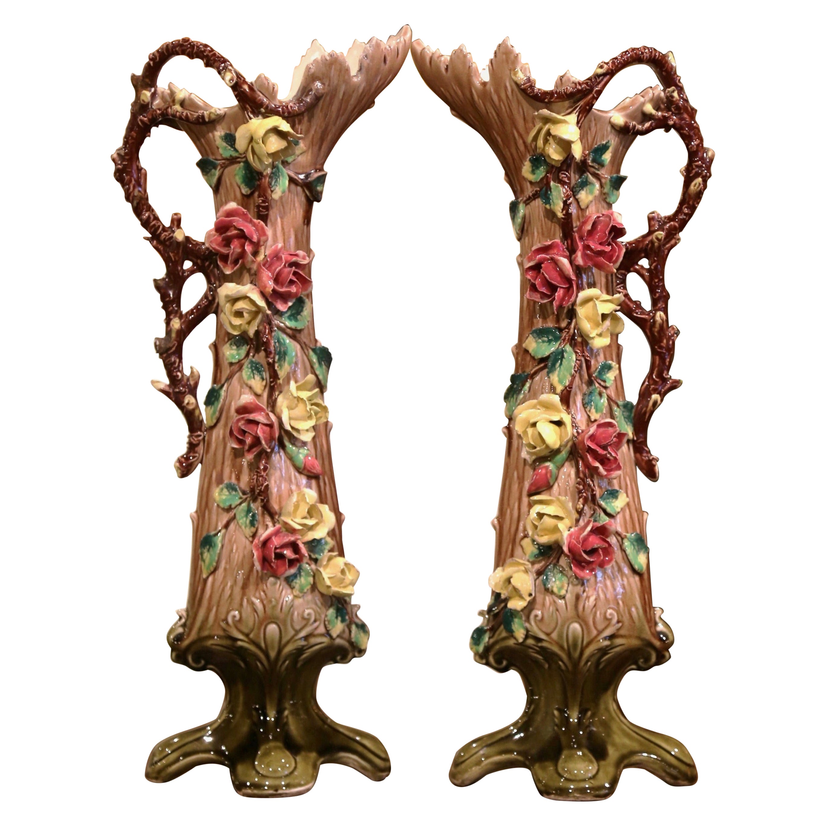 Pair of 19th Century French Painted Ceramic Barbotine Vases with Floral Decor