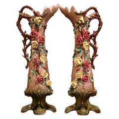 Pair of 19th Century French Painted Ceramic Barbotine Vases with Floral Decor