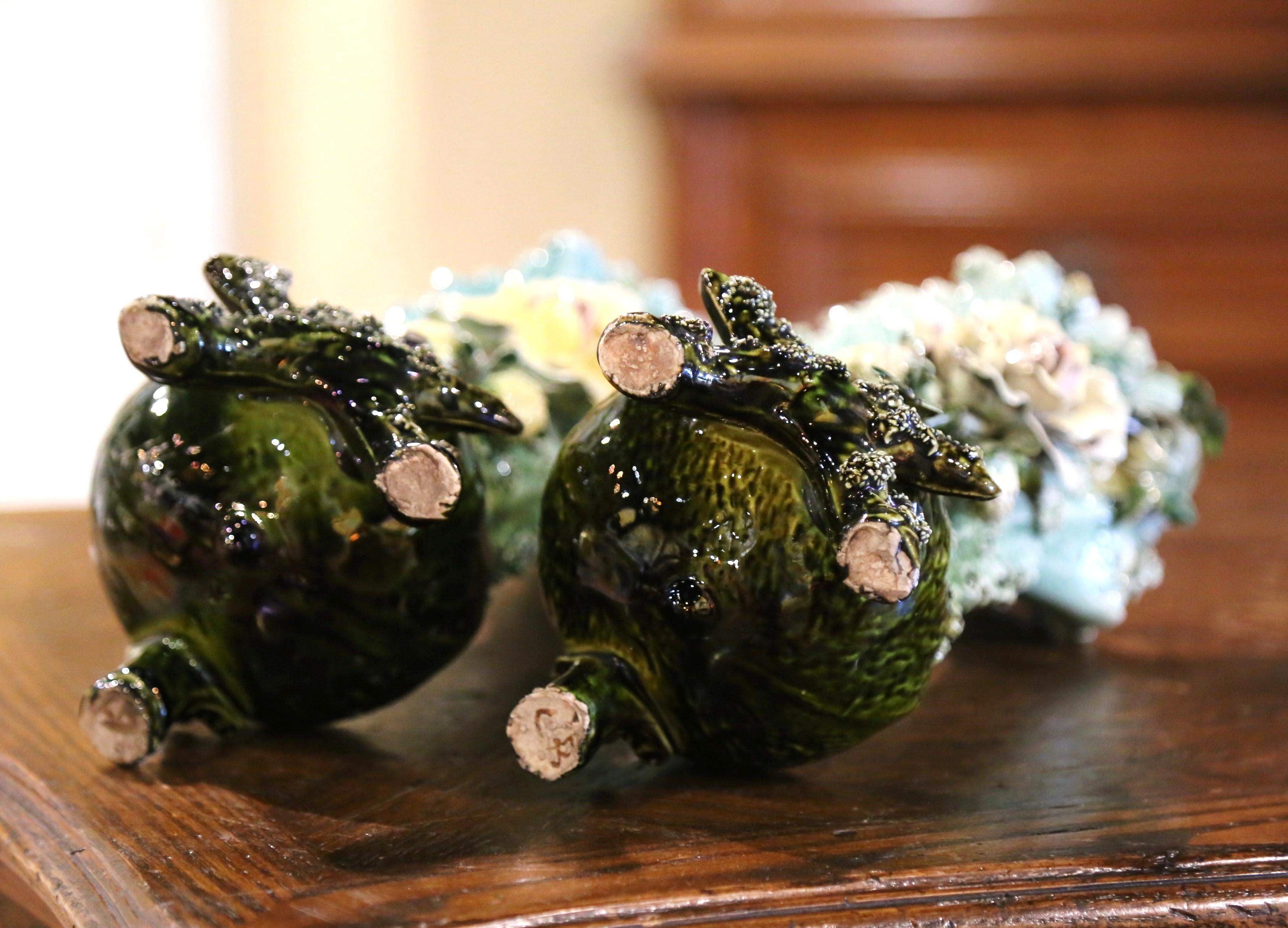 Pair of 19th Century French Painted Ceramic Barbotine Vases with Floral Motifs 5