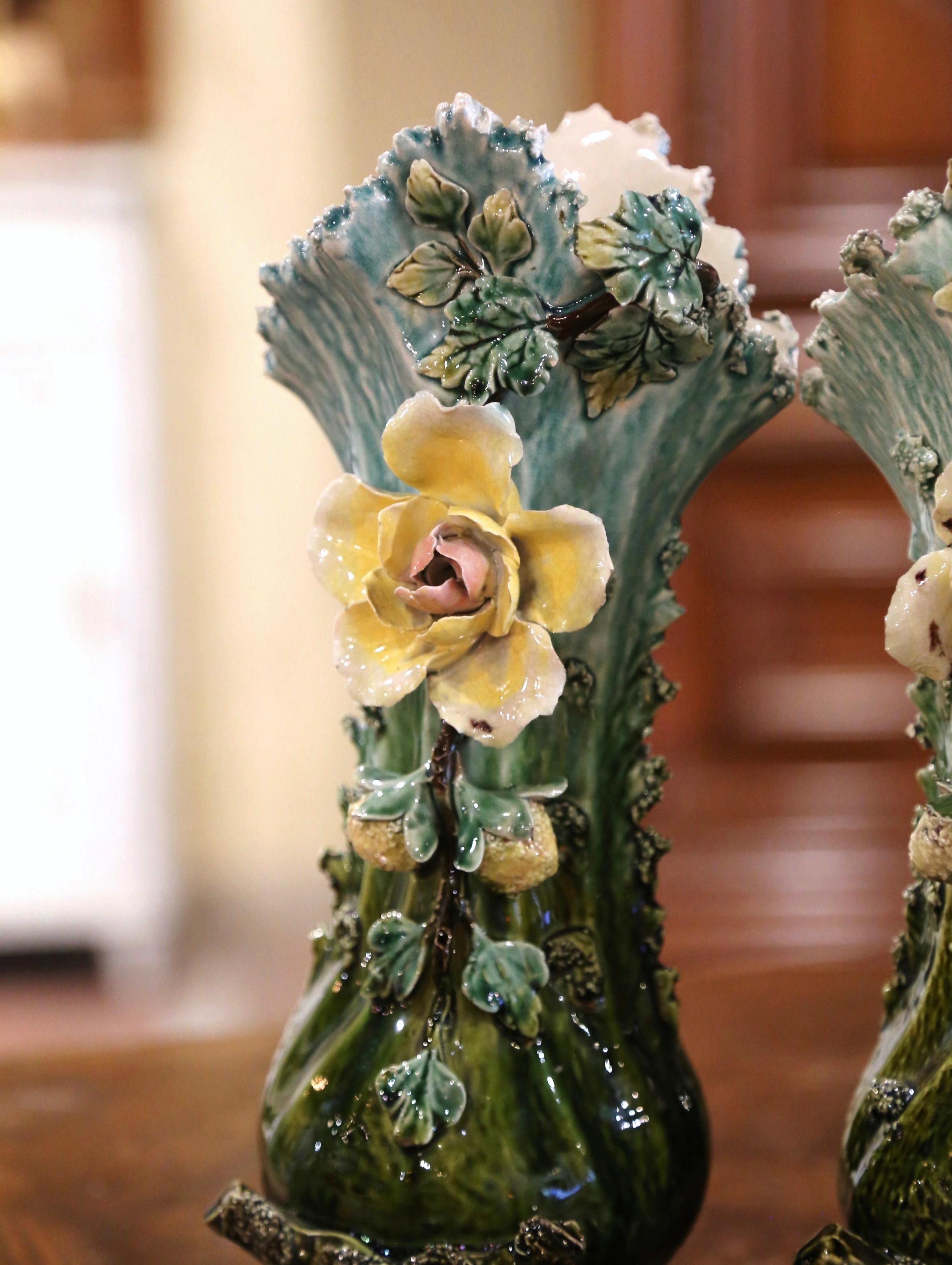 Hand-Crafted Pair of 19th Century French Painted Ceramic Barbotine Vases with Floral Motifs