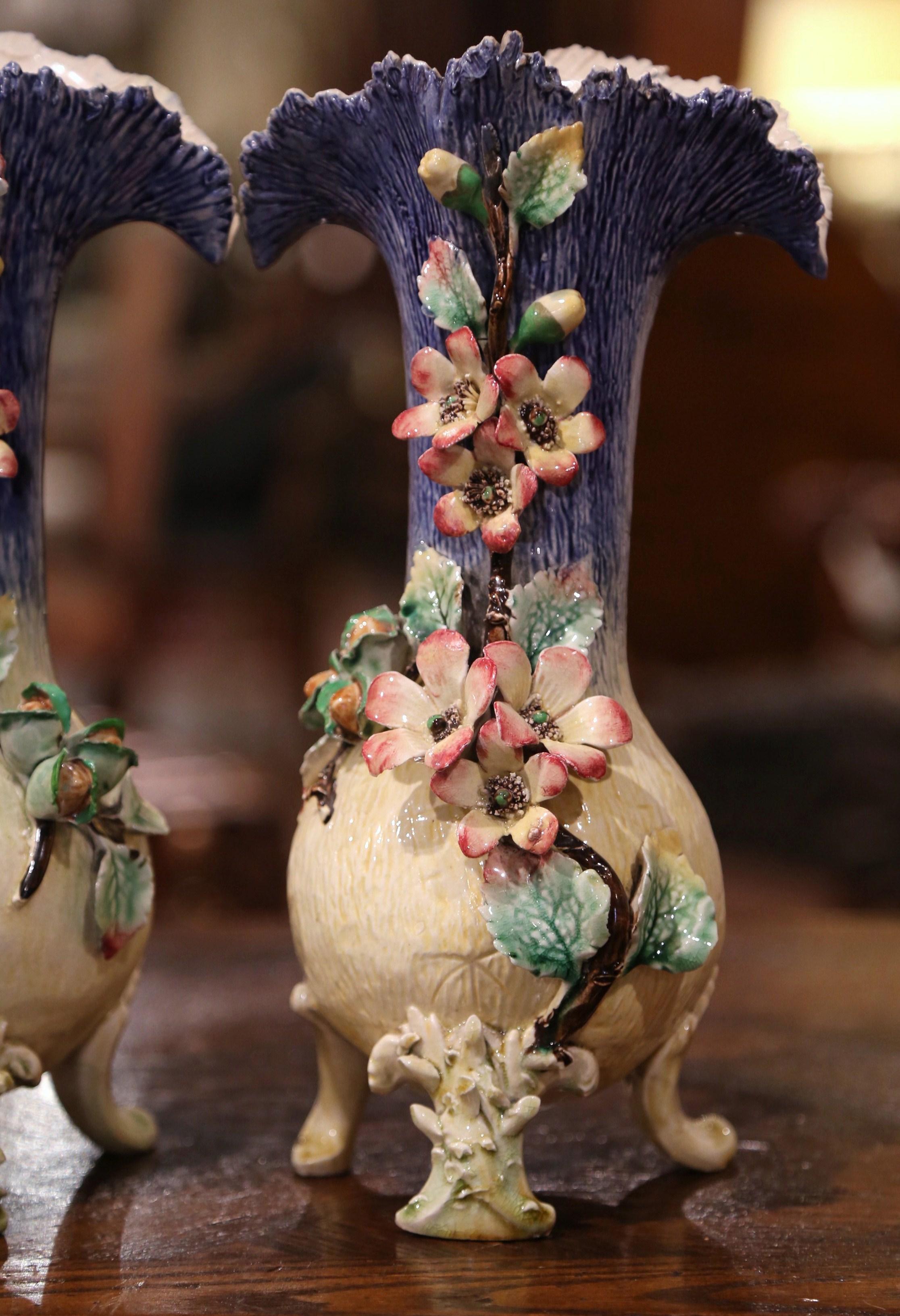 Pair of 19th Century French Painted Ceramic Barbotine Vases with Floral Motifs In Excellent Condition In Dallas, TX