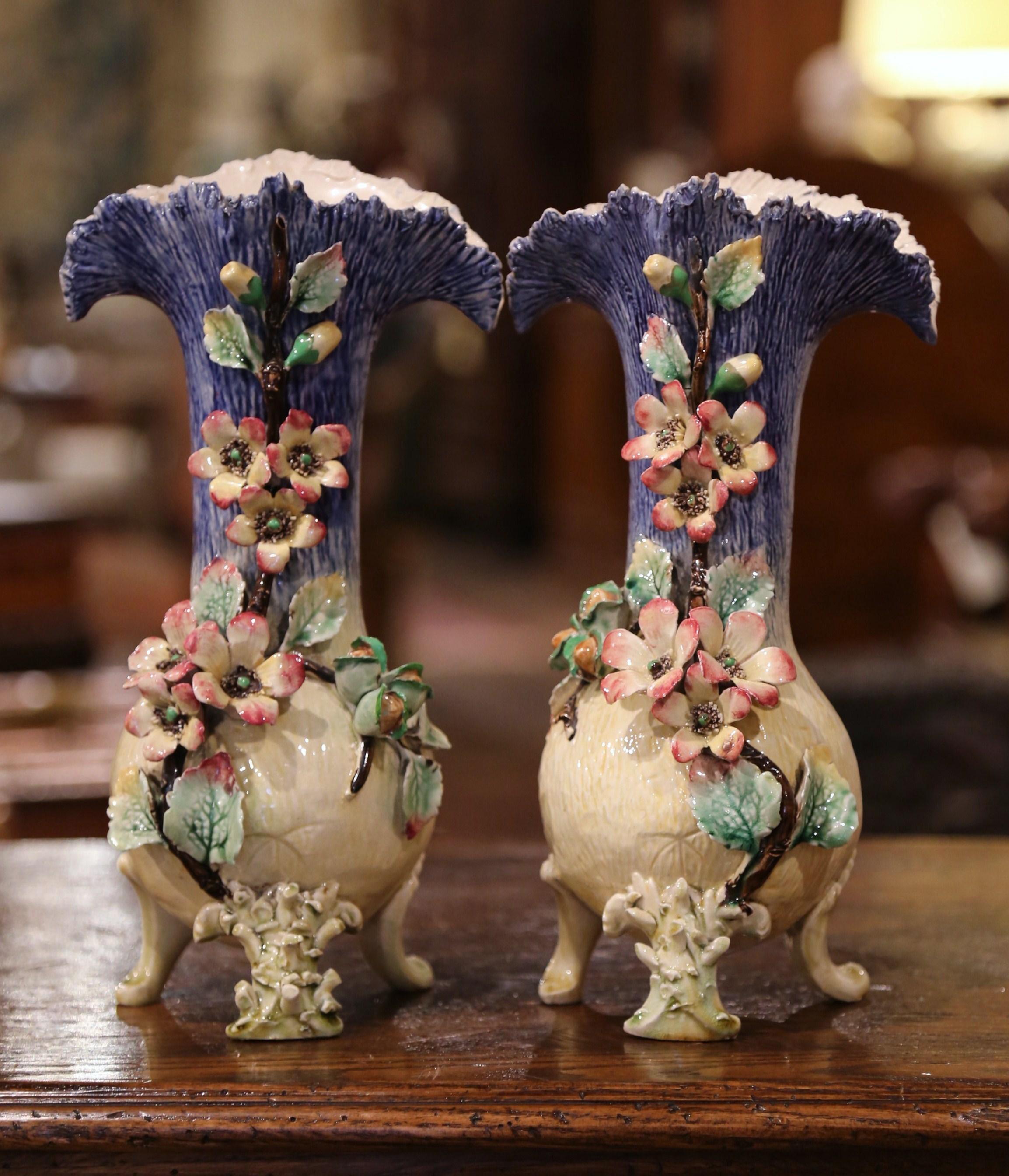 Faience Pair of 19th Century French Painted Ceramic Barbotine Vases with Floral Motifs