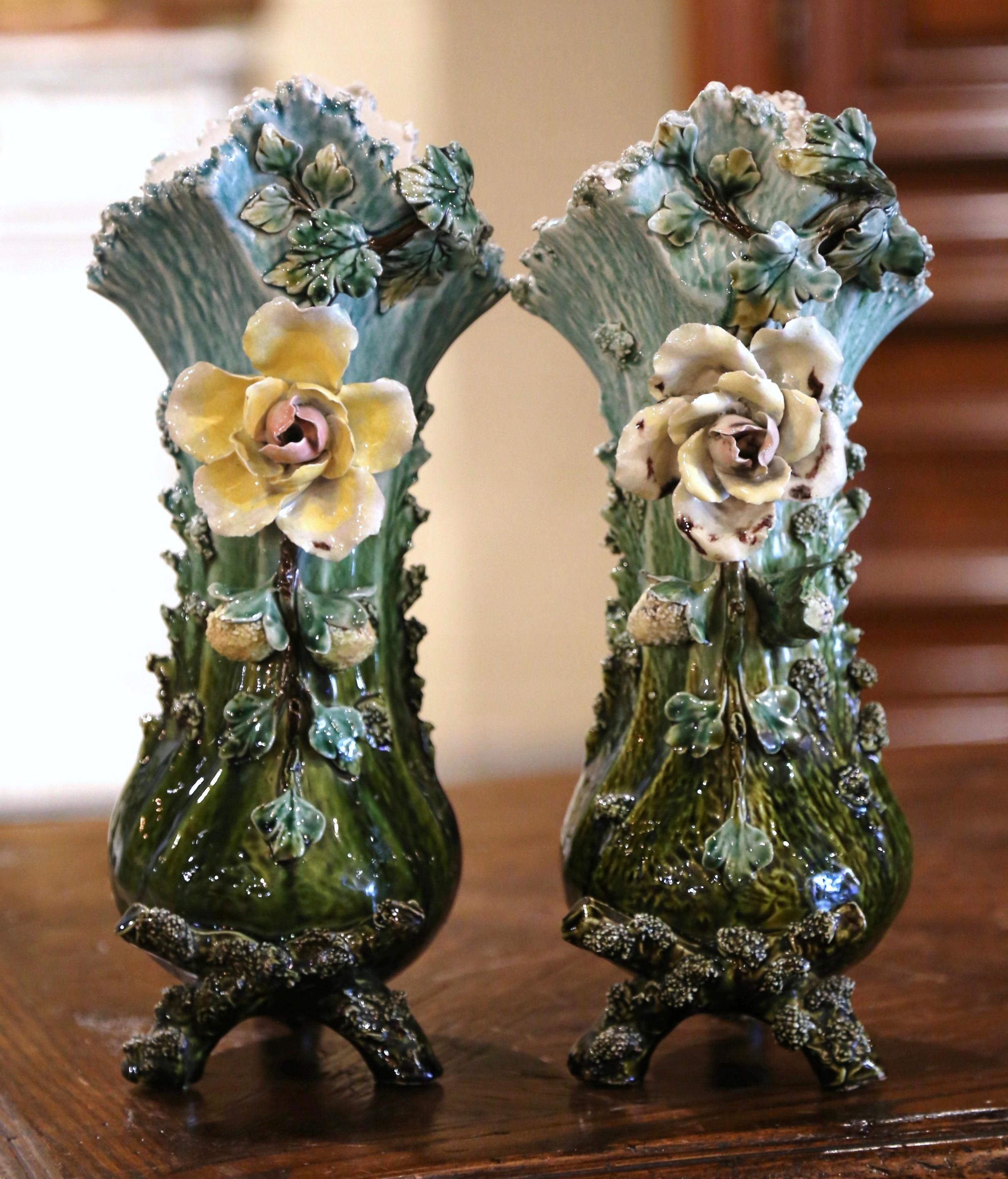 Faience Pair of 19th Century French Painted Ceramic Barbotine Vases with Floral Motifs