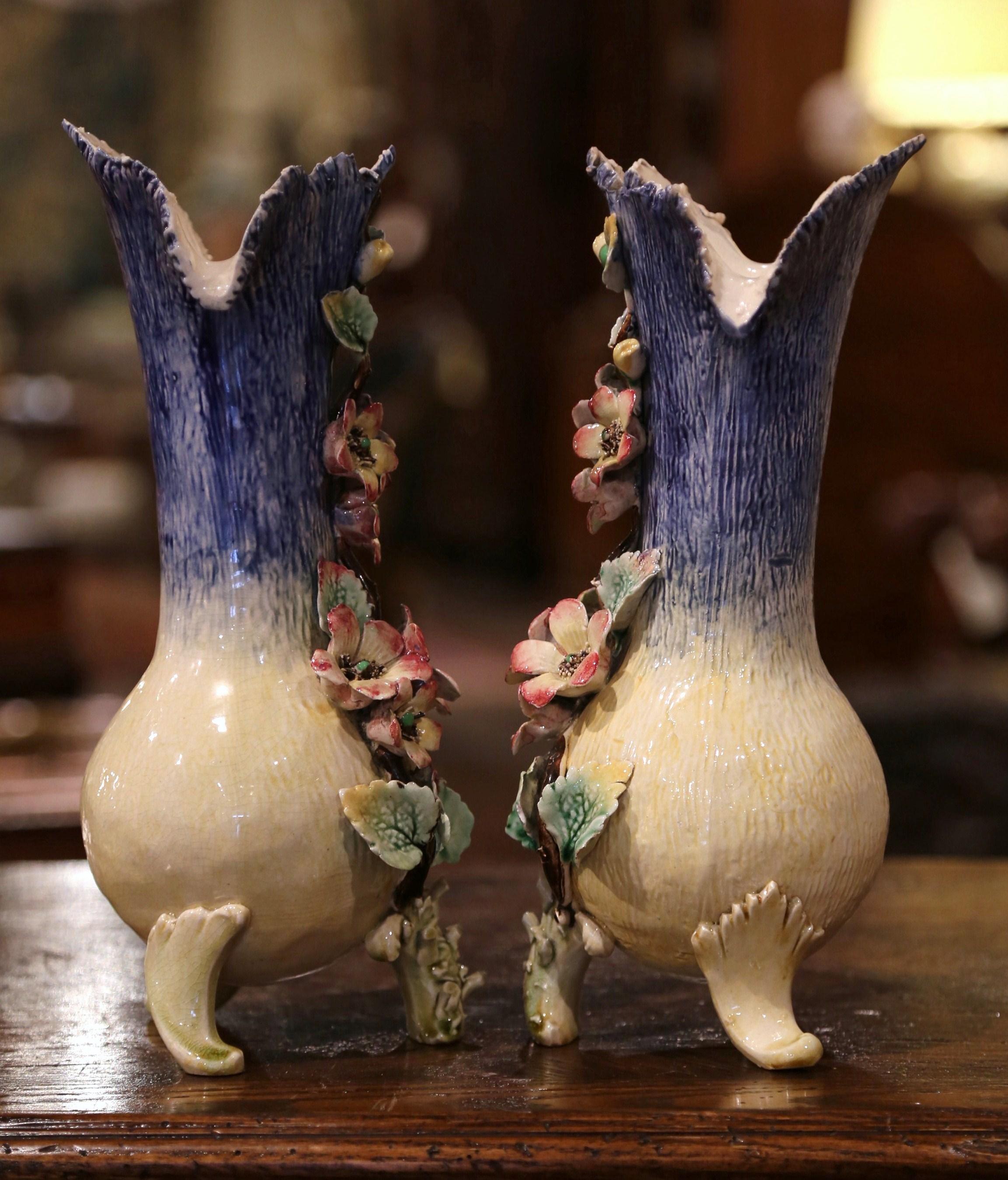 Pair of 19th Century French Painted Ceramic Barbotine Vases with Floral Motifs 1