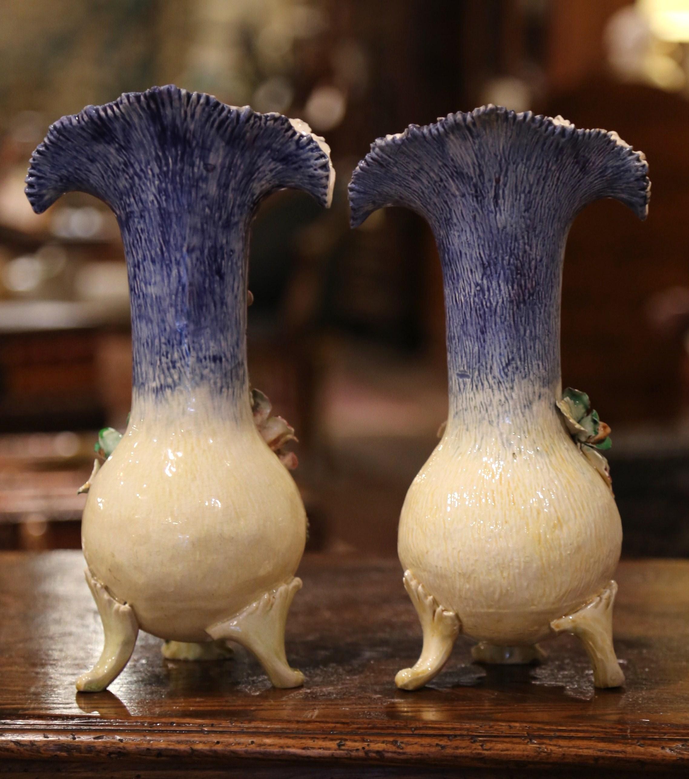 Pair of 19th Century French Painted Ceramic Barbotine Vases with Floral Motifs 2