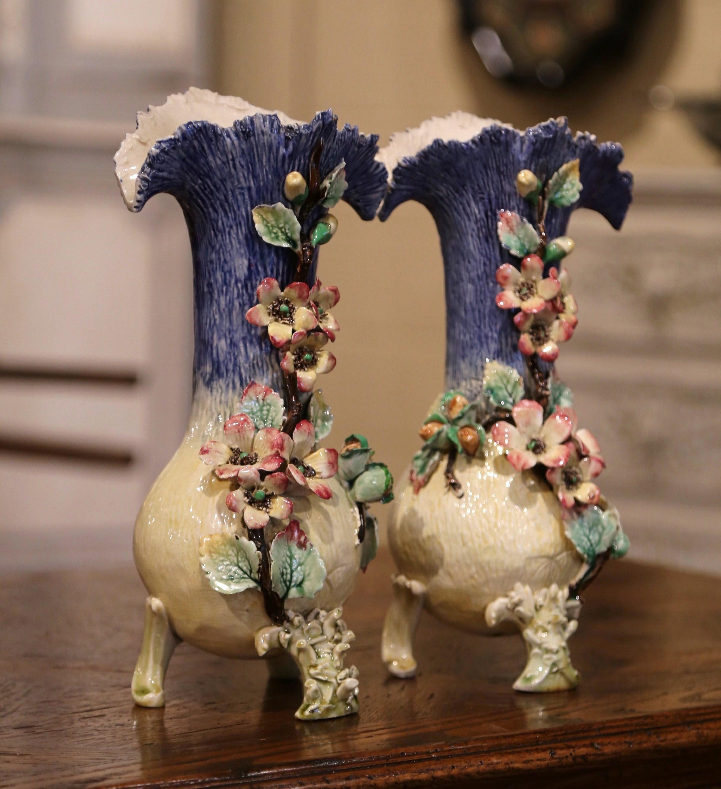 Pair of 19th Century French Painted Ceramic Barbotine Vases with Floral Motifs 3