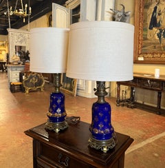 Pair of 19th Century French Painted Cobalt Blue Glass & Brass Table Oil Lamps
