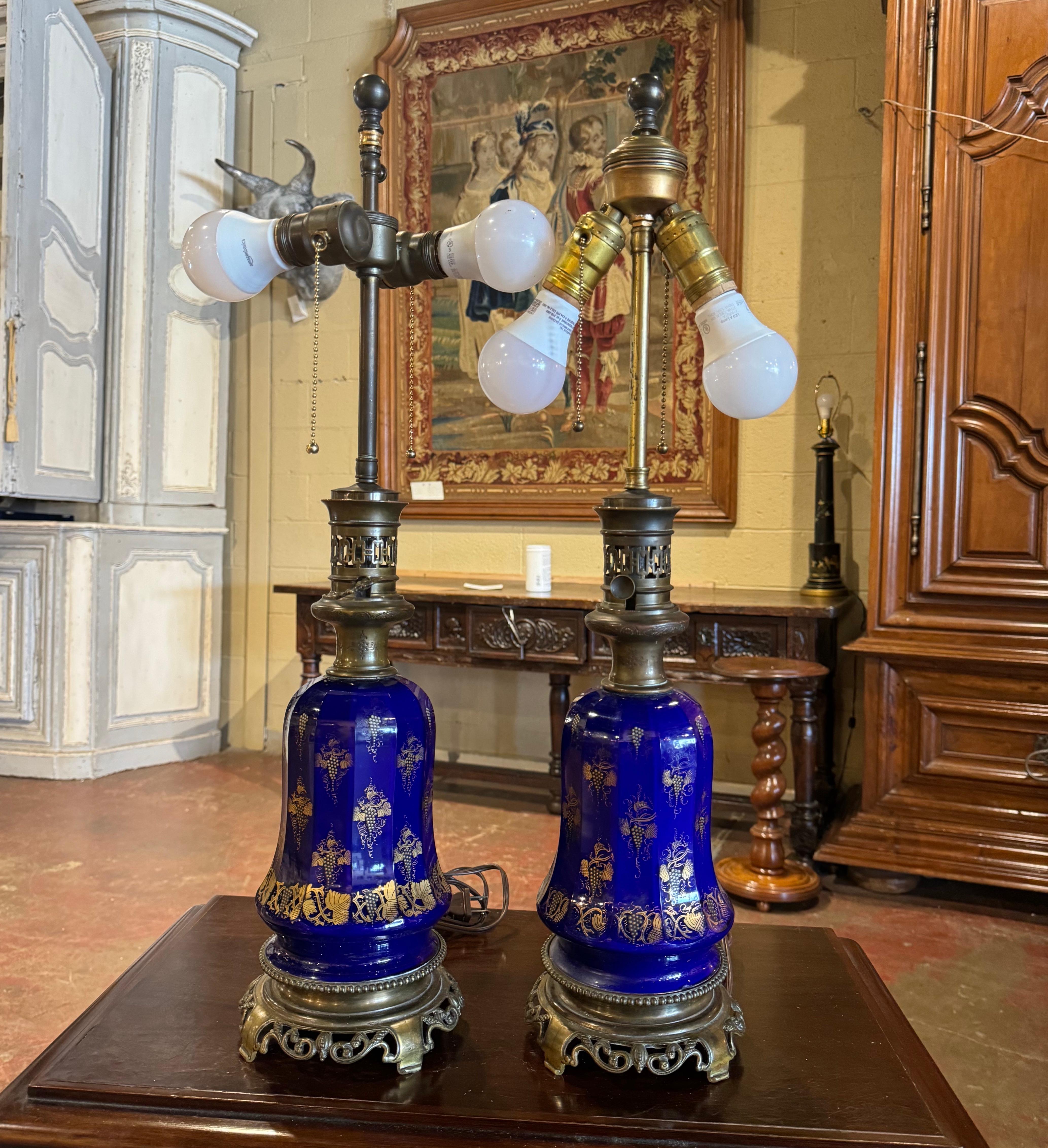 Napoleon III Pair of 19th Century French Painted Cobalt Blue Glass & Brass Table Oil Lamps For Sale