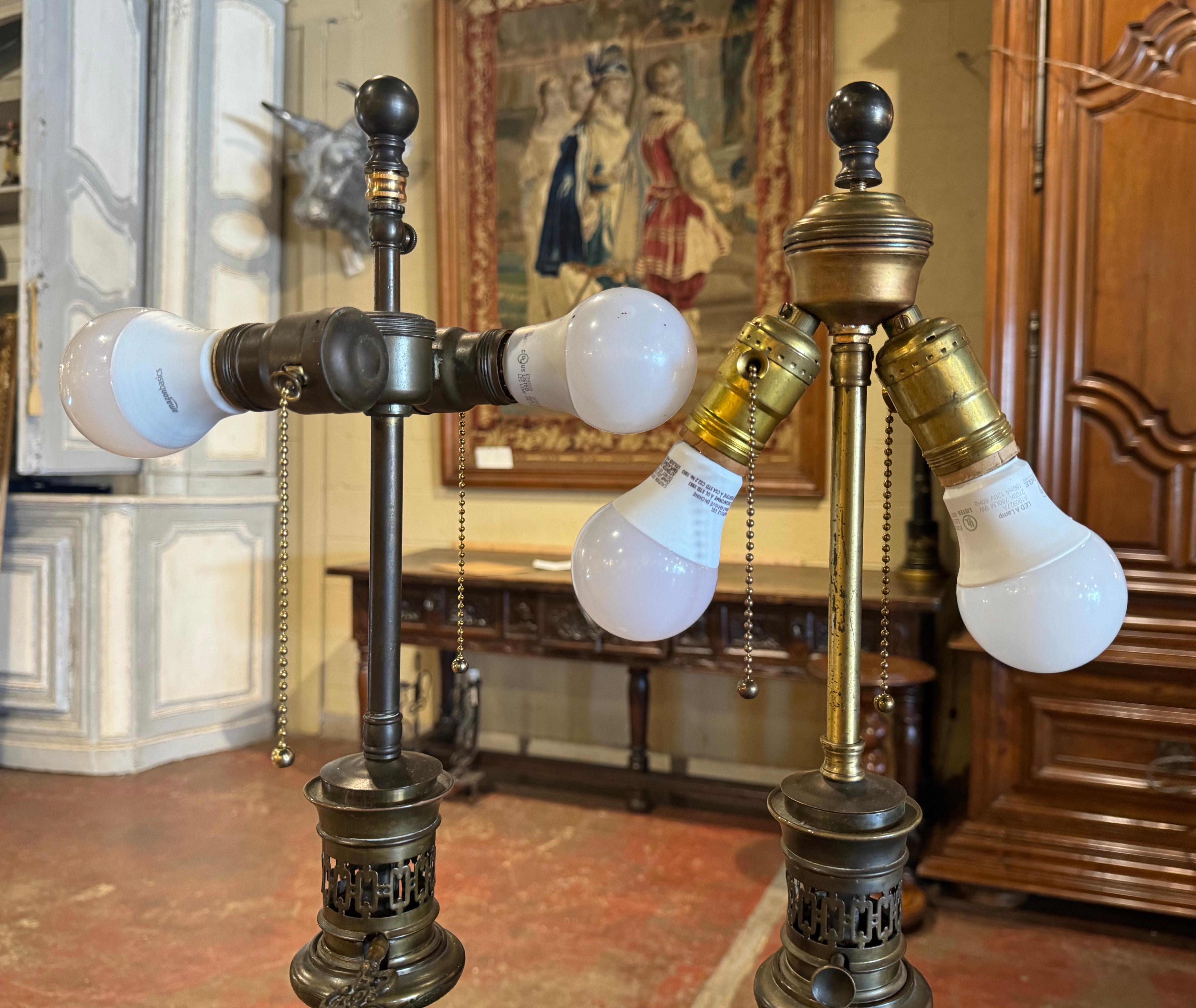 Pair of 19th Century French Painted Cobalt Blue Glass & Brass Table Oil Lamps For Sale 1