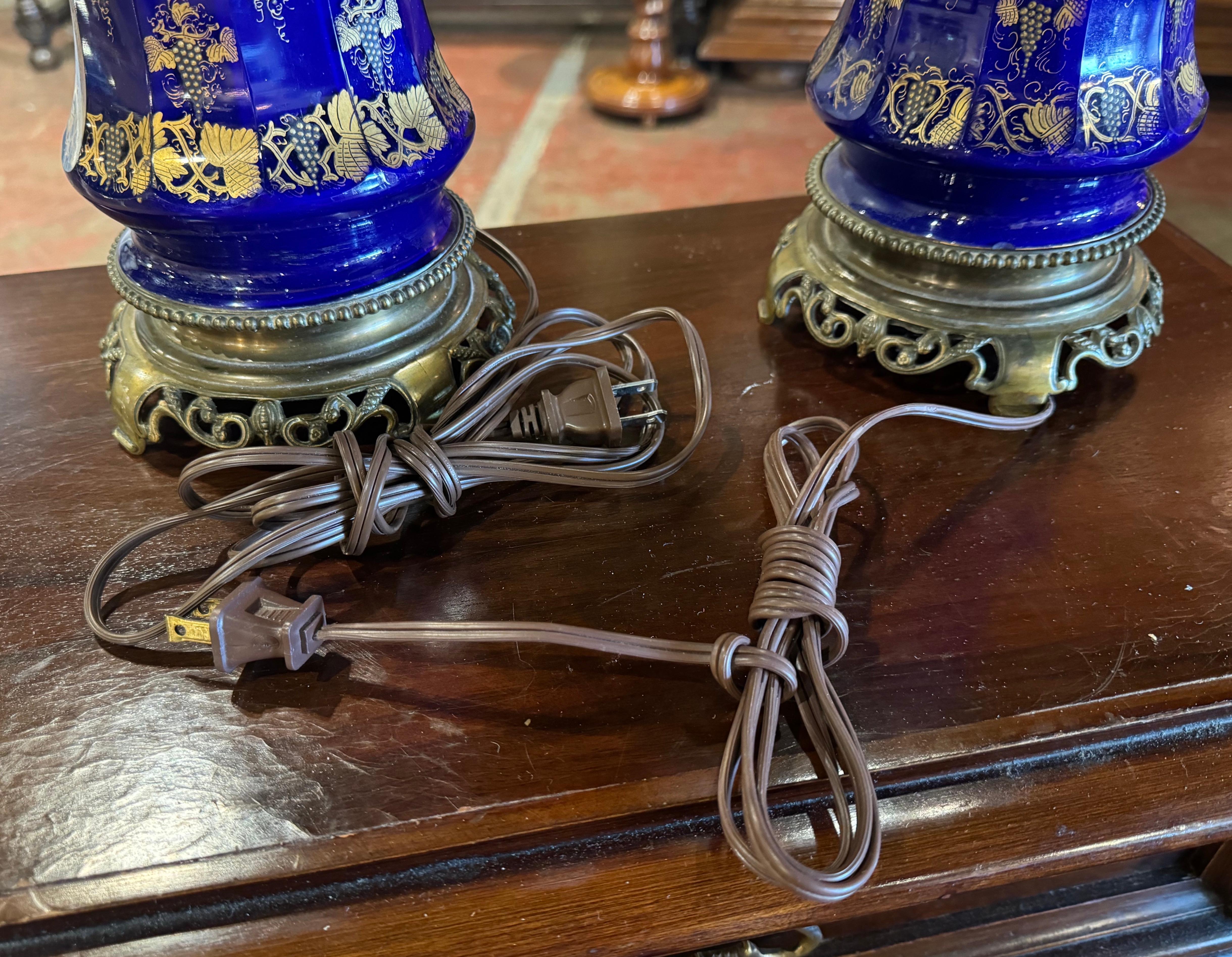 Pair of 19th Century French Painted Cobalt Blue Glass & Brass Table Oil Lamps For Sale 2