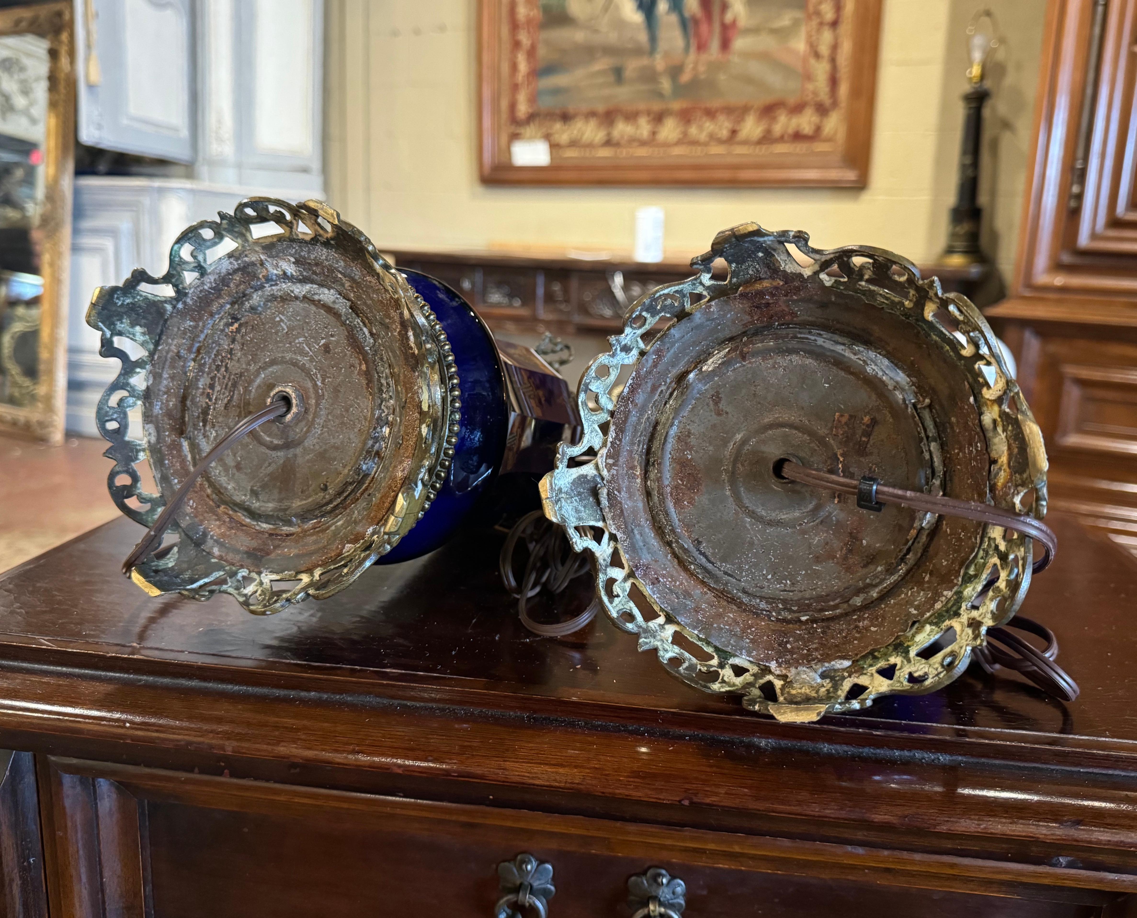 Pair of 19th Century French Painted Cobalt Blue Glass & Brass Table Oil Lamps For Sale 3