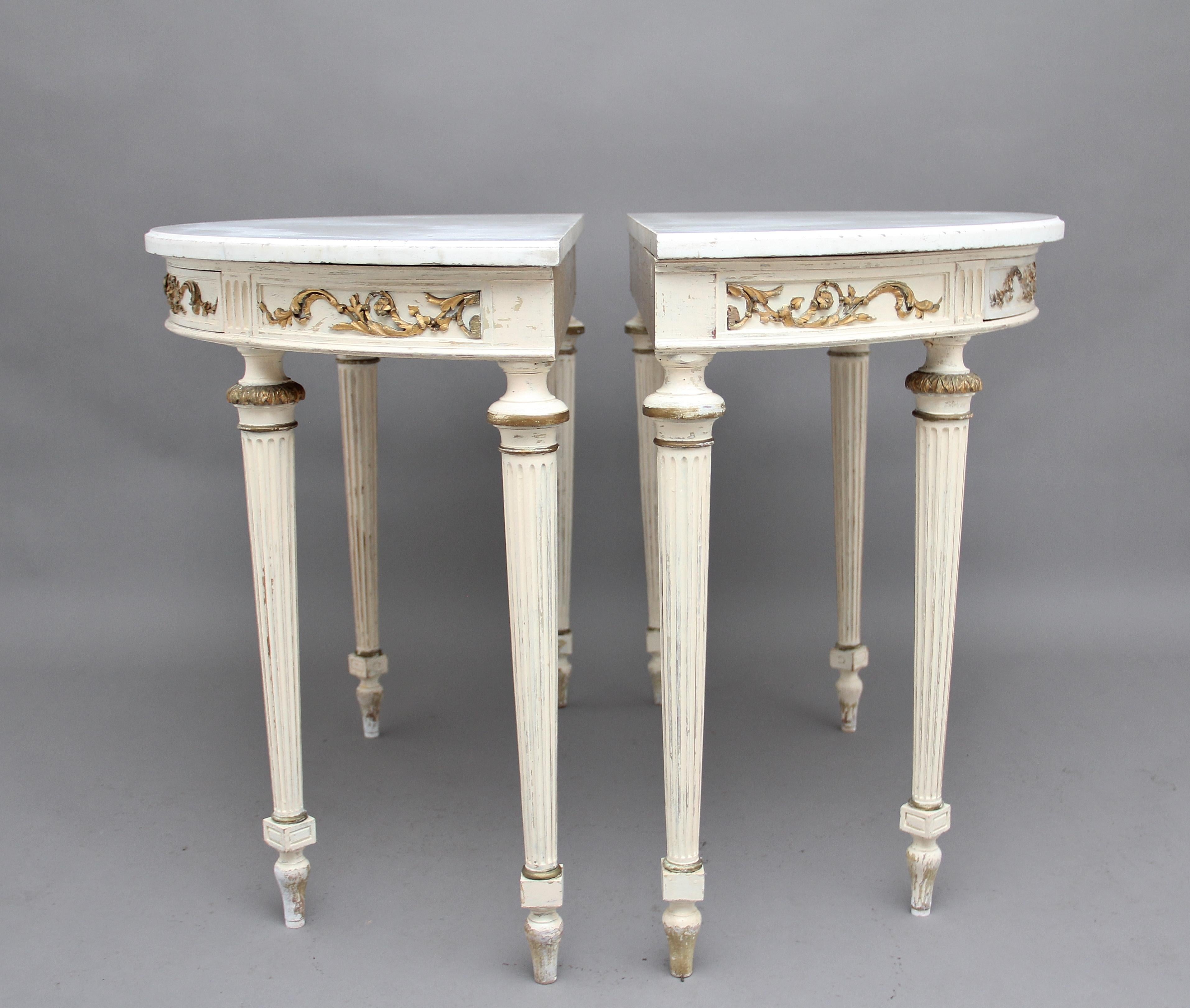 Pair of 19th Century French Painted Console Tables with original marble tops 5