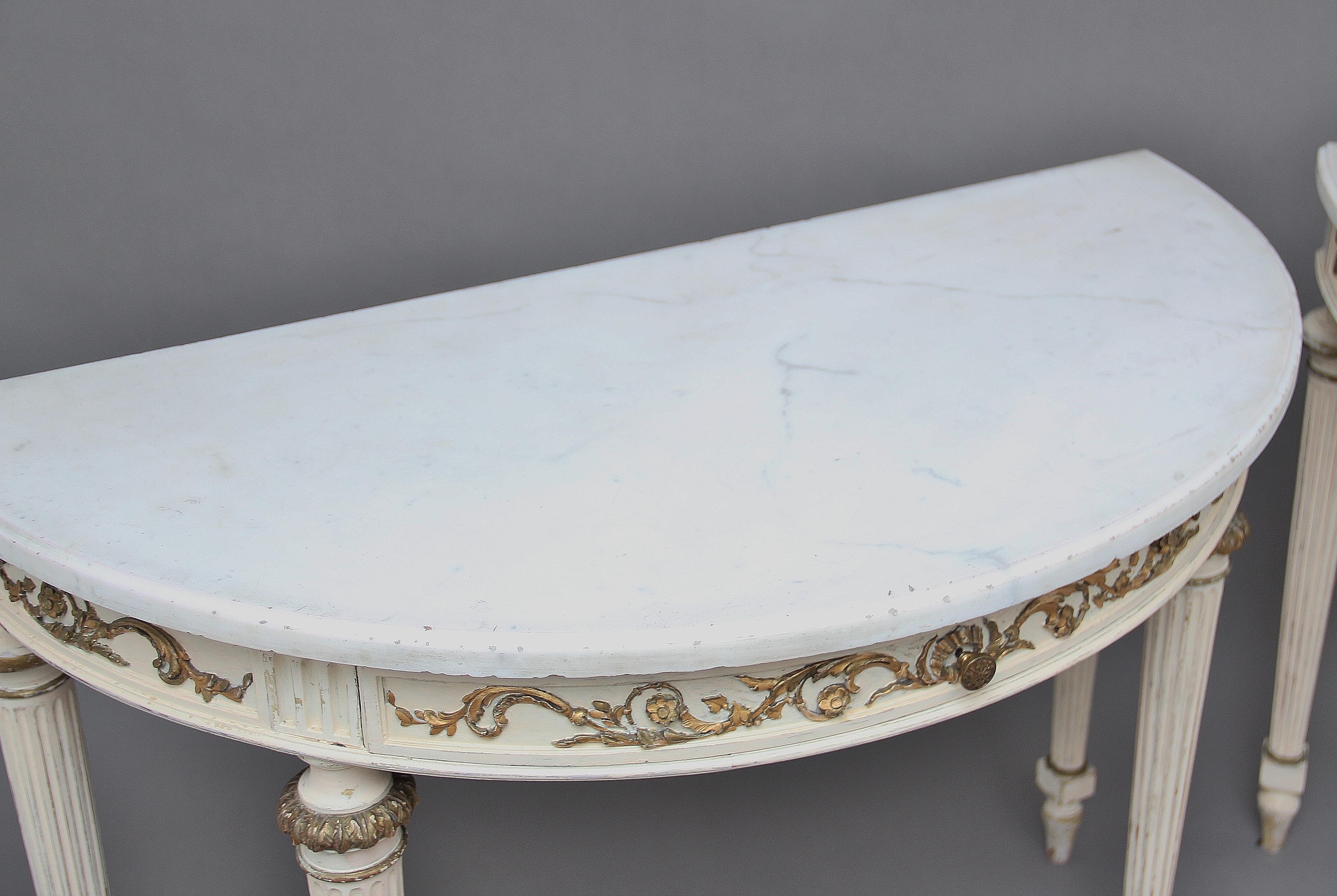 Pair of 19th Century French Painted Console Tables with original marble tops 7