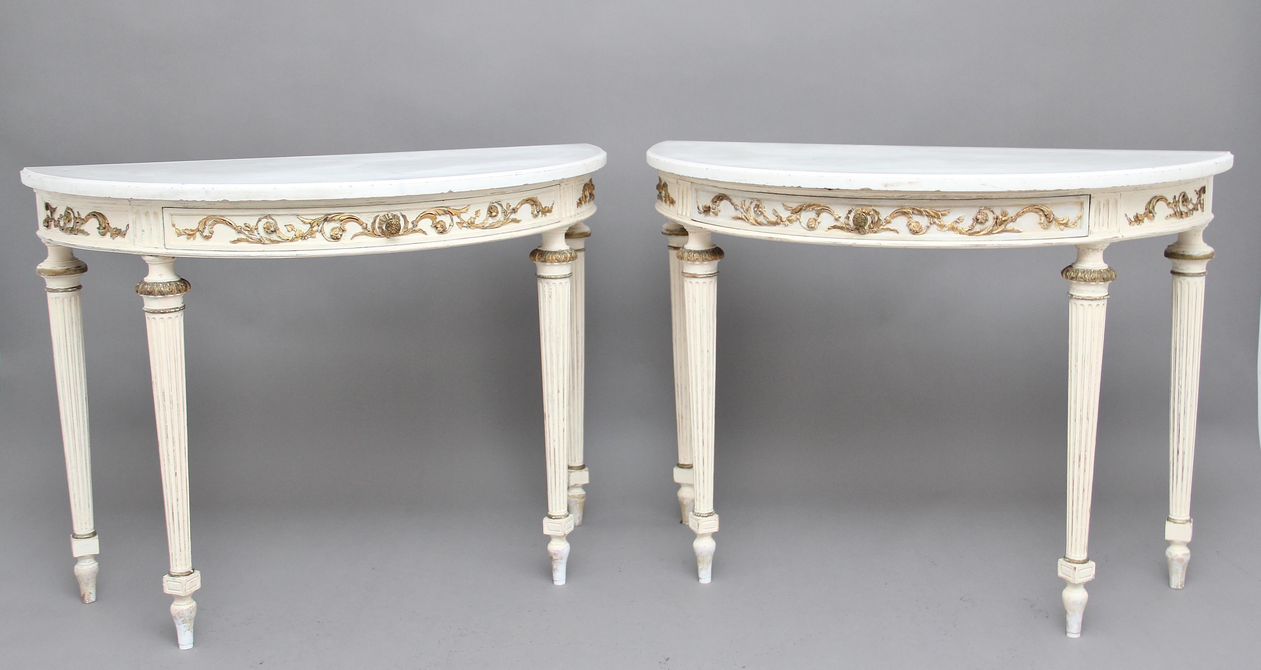 Pair of 19th Century French Painted Console Tables with original marble tops In Good Condition In Martlesham, GB
