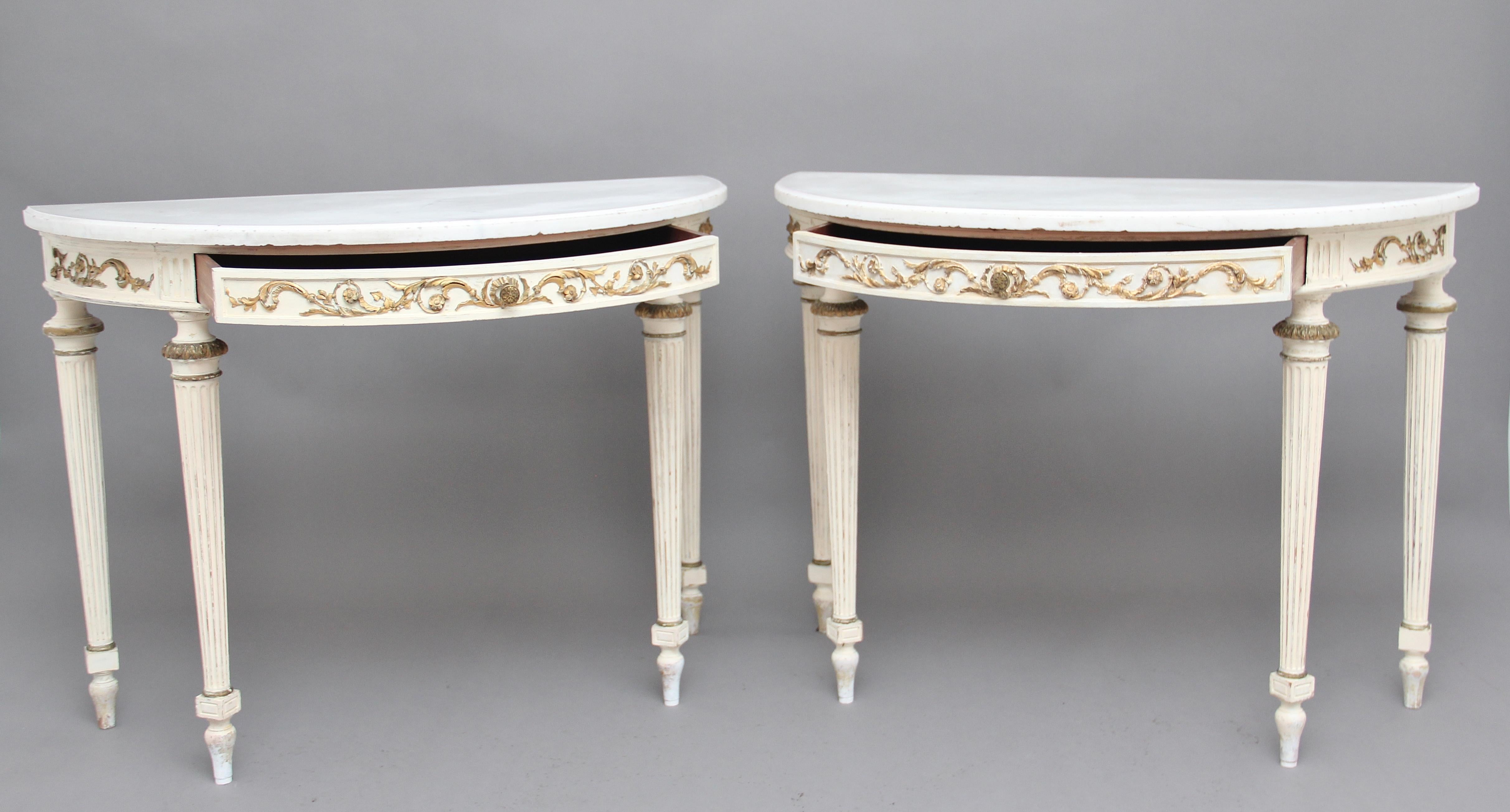 Late 19th Century Pair of 19th Century French Painted Console Tables with original marble tops