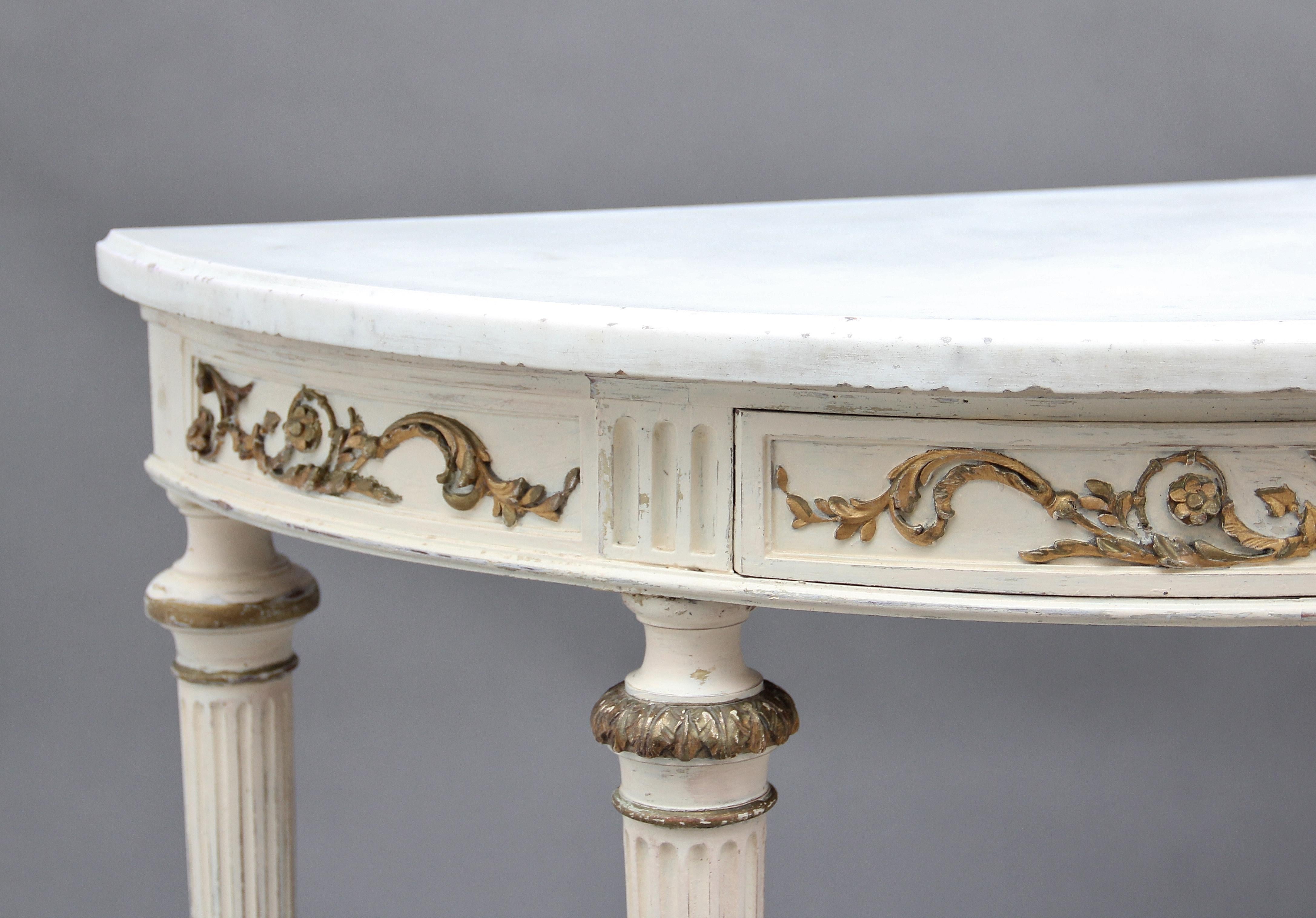 Hardwood Pair of 19th Century French Painted Console Tables with original marble tops