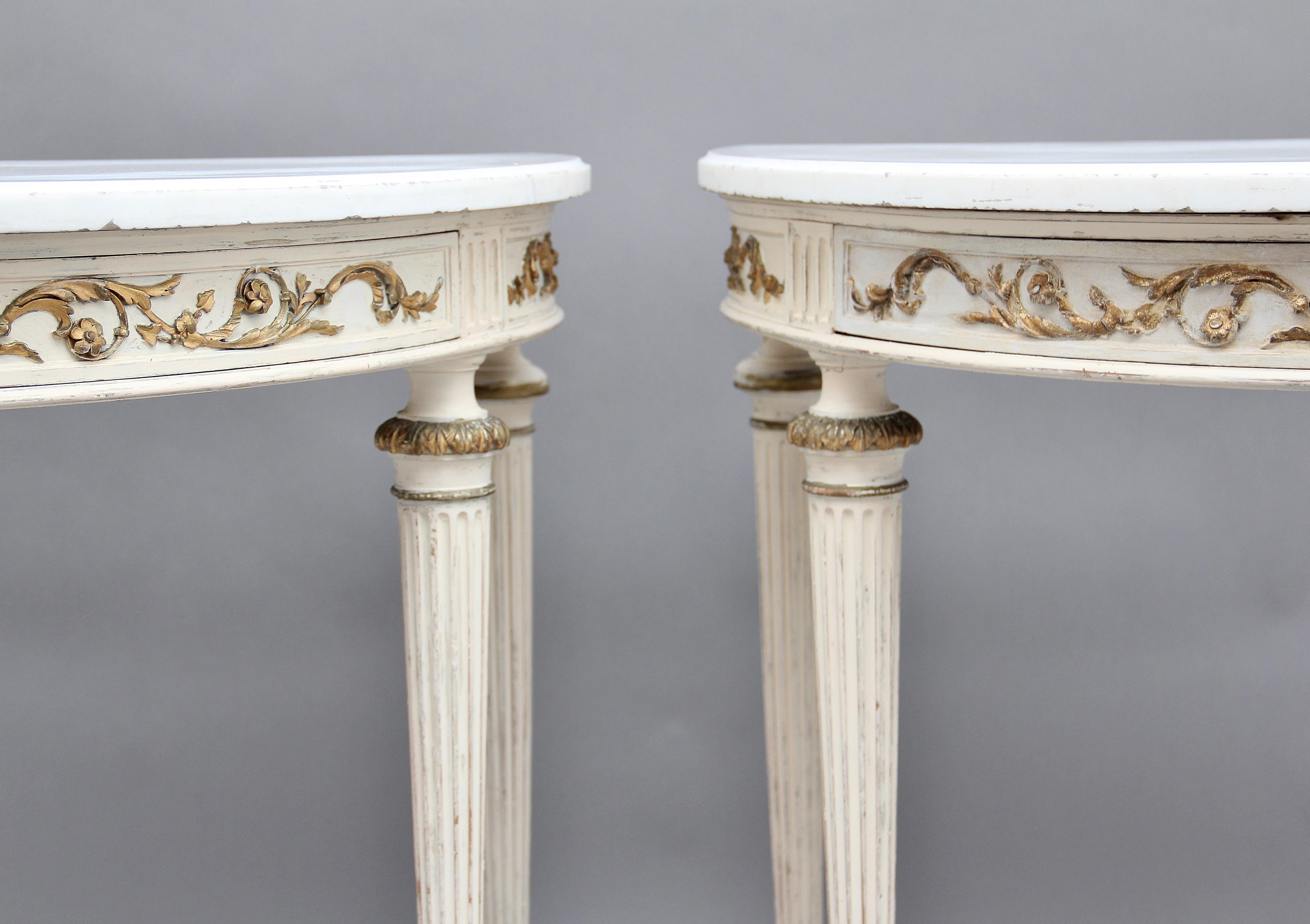 Pair of 19th Century French Painted Console Tables with original marble tops 2