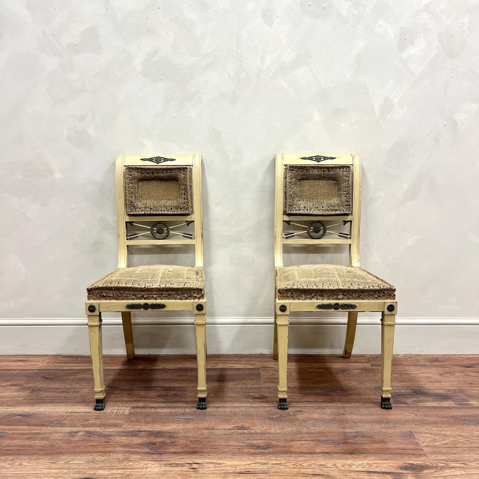 Pair of French, 19th Century Painted Empire Chairs.
When these were purchased our original plan was to have them upholstered in linen or a neutral fabric.
When our upholsterer uncovered the original hessian bases our decision was made to leave and