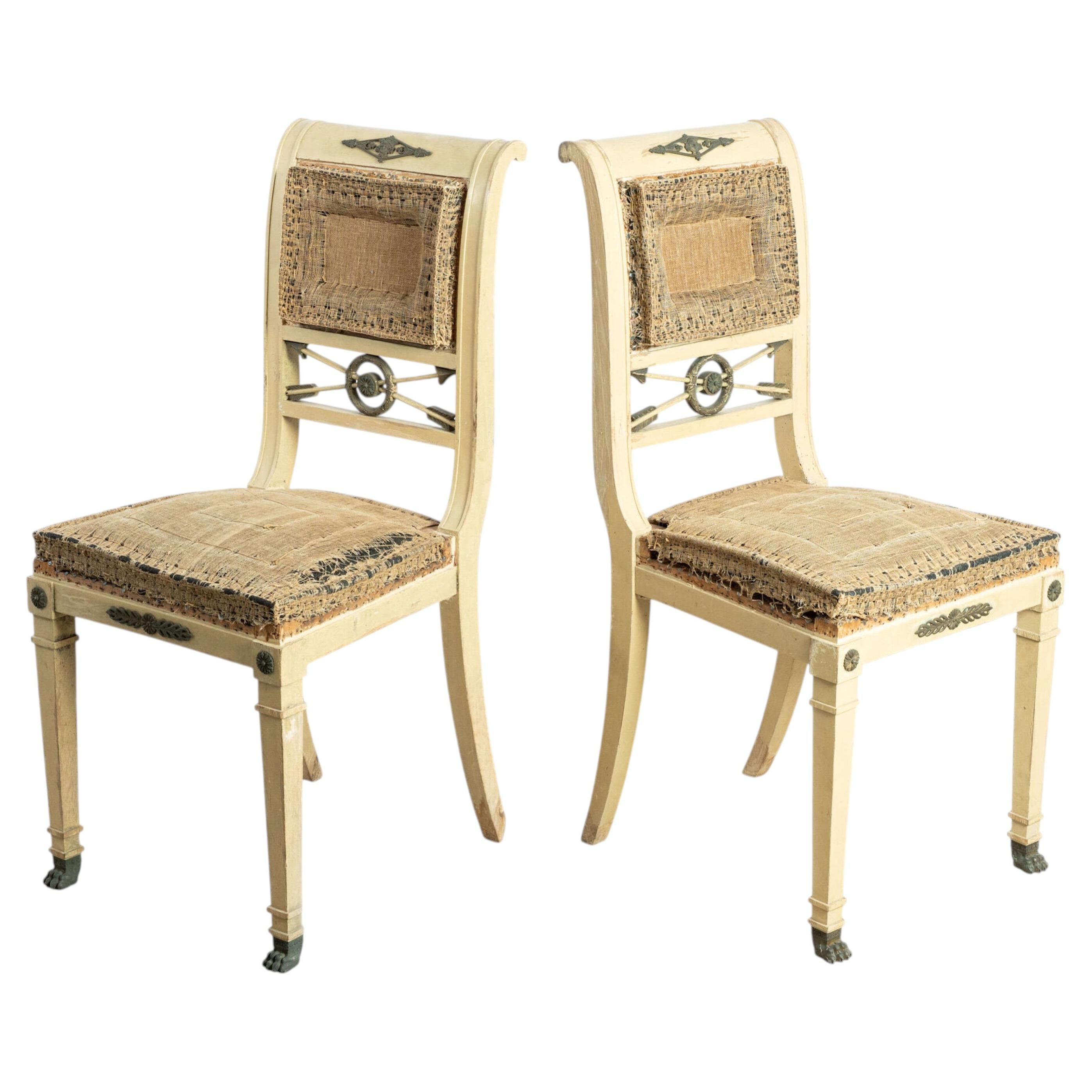 Pair of 19th Century French Painted Empire Chairs with Lion Paw Feet For Sale