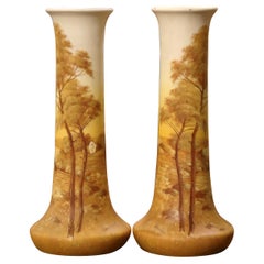 Pair of 19th Century French Painted Enameled Vases Signed Delphin Massier