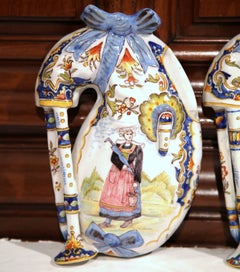 Pair of 19th Century French Painted Faience Bagpipes Sculptures from Brittany