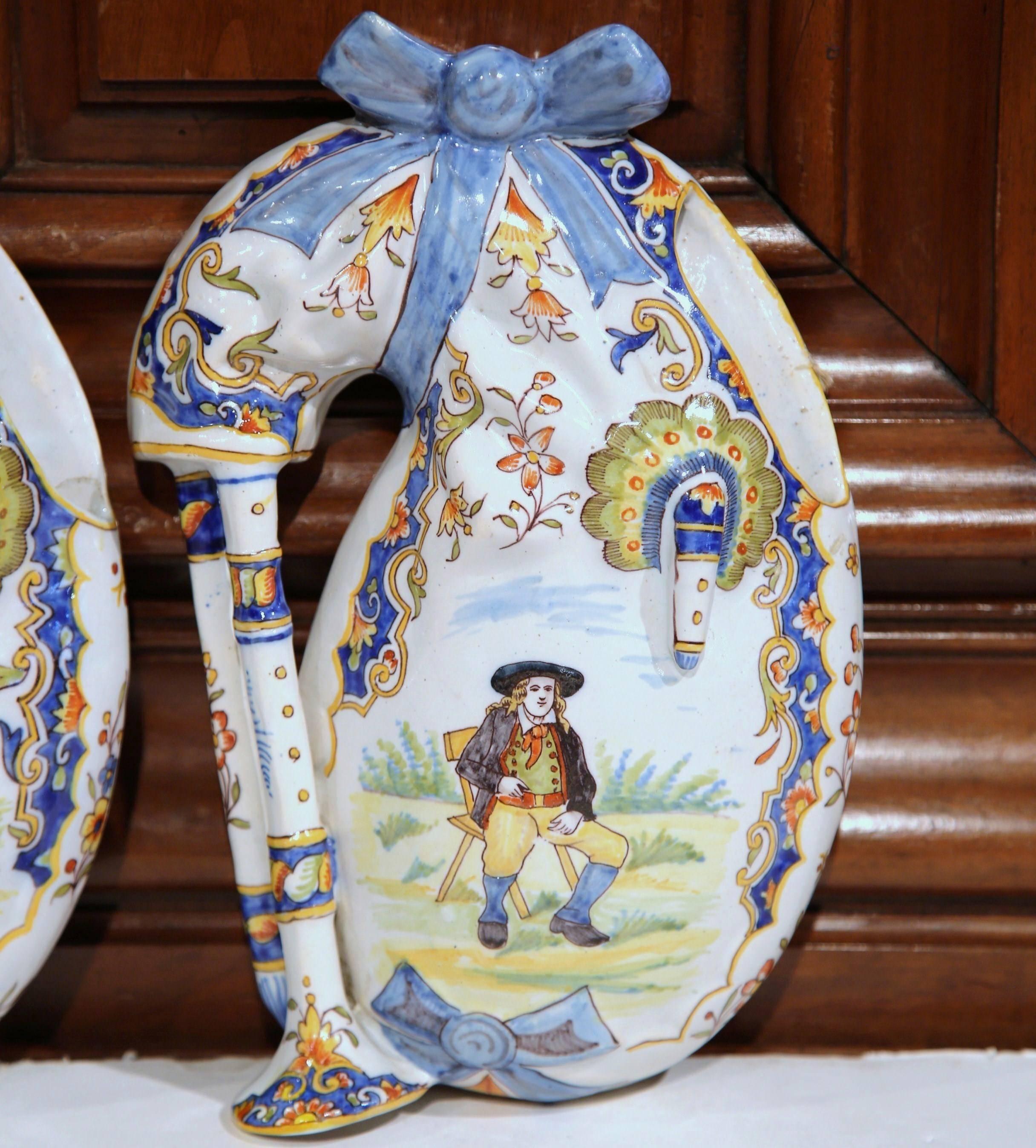 Pair of 19th Century French Painted Faience Bagpipes Sculptures from Brittany In Excellent Condition For Sale In Dallas, TX