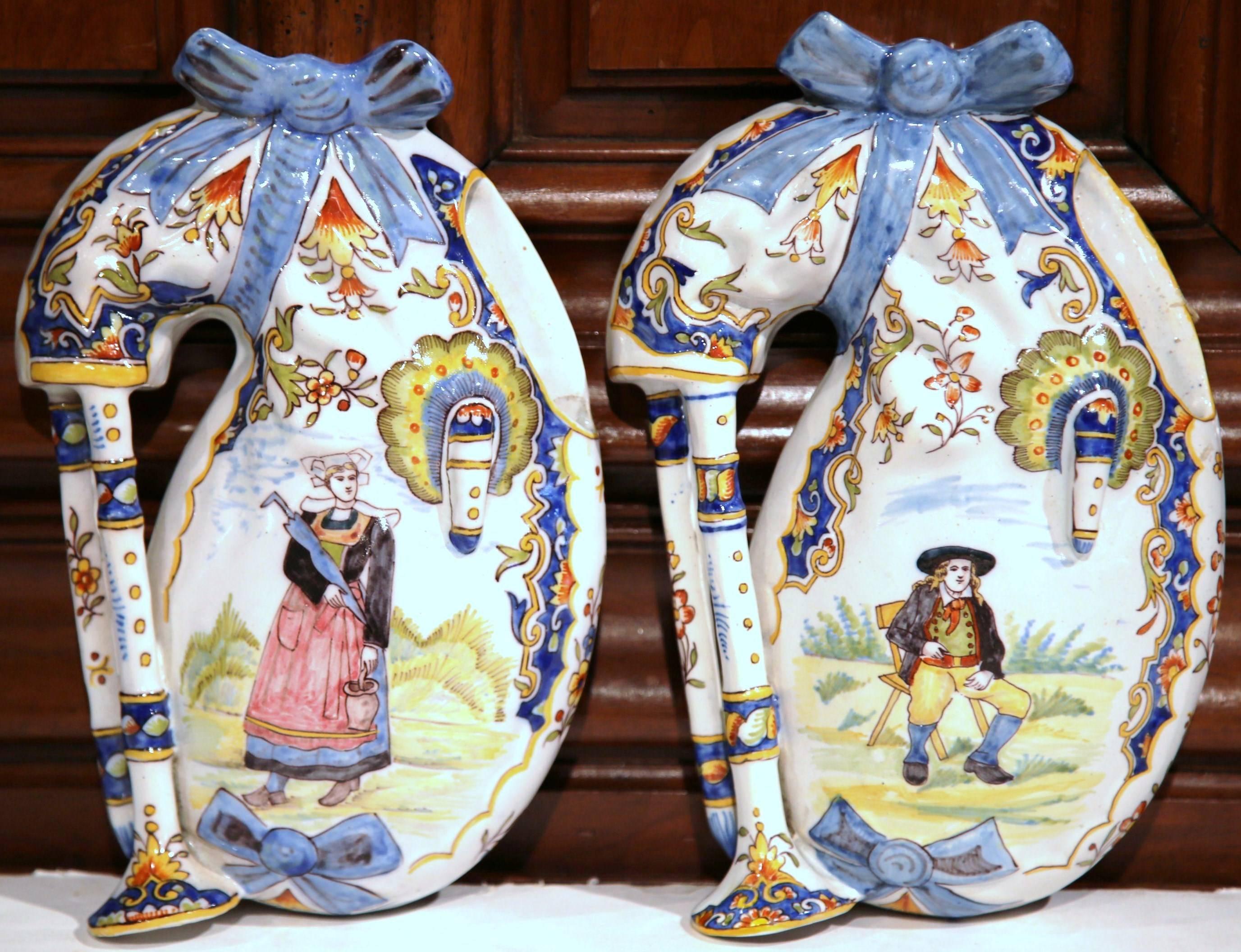 Pair of 19th Century French Painted Faience Bagpipes Sculptures from Brittany For Sale 2