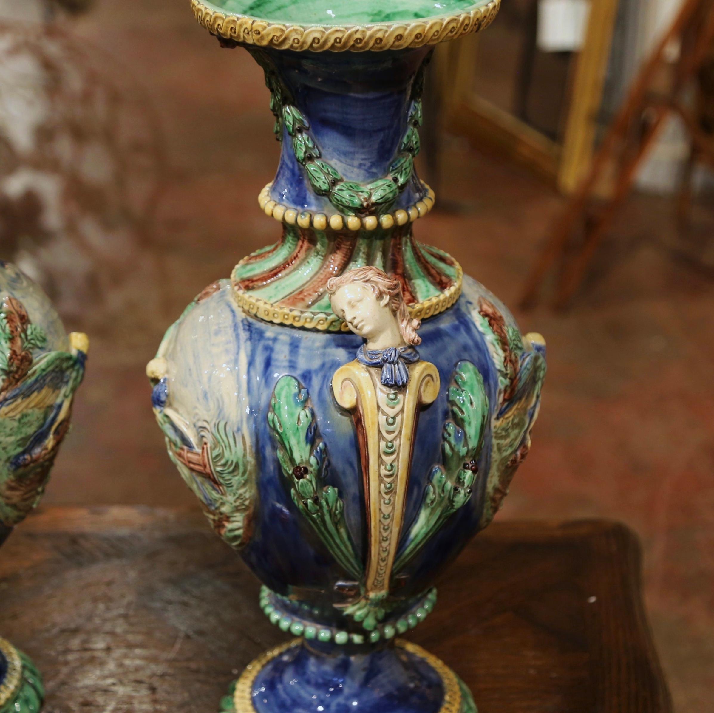 Pair of 19th Century French Painted Faience Barbotine Vases from Thomas Sergent For Sale 6