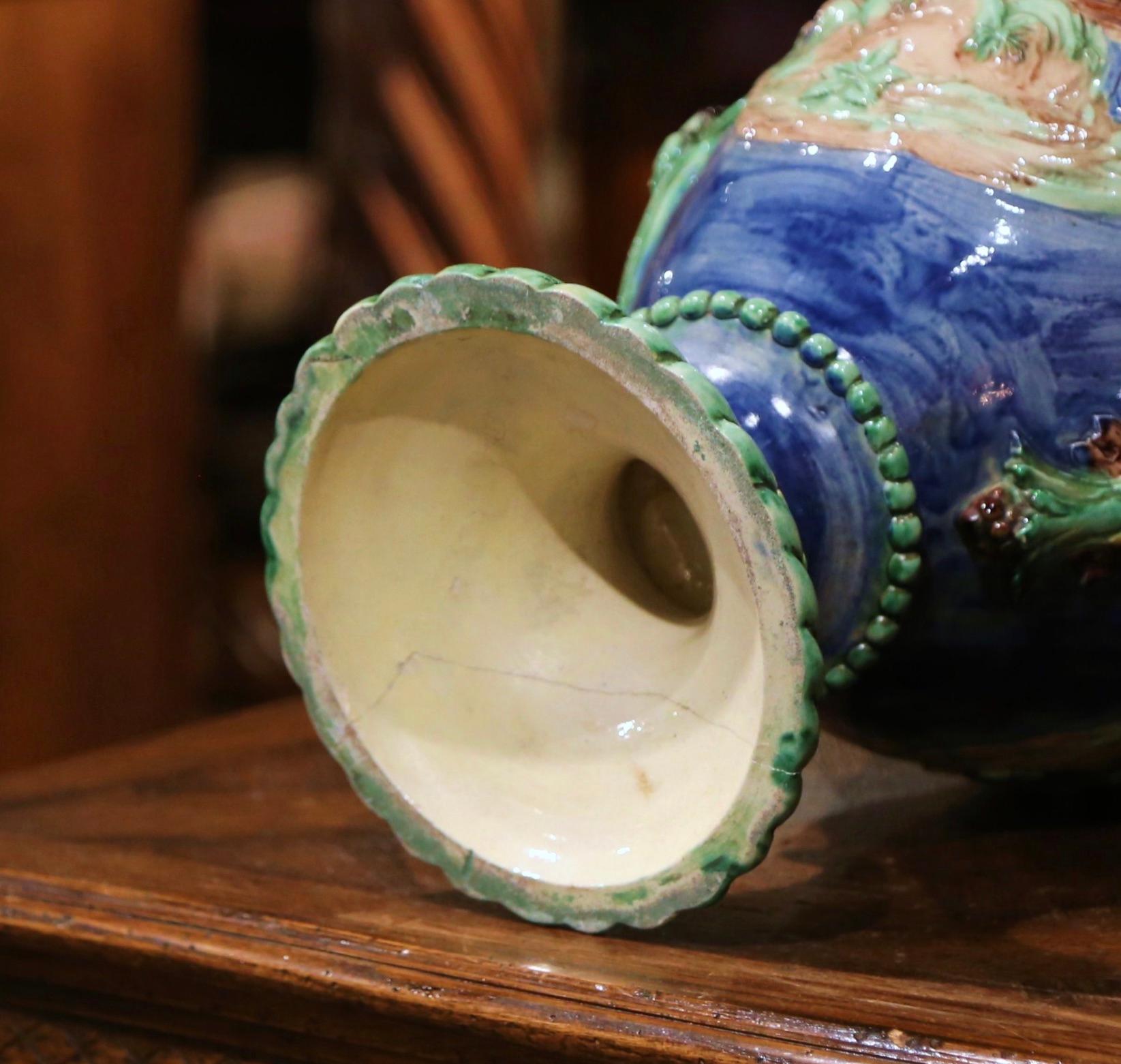Pair of 19th Century French Painted Faience Barbotine Vases from Thomas Sergent For Sale 8