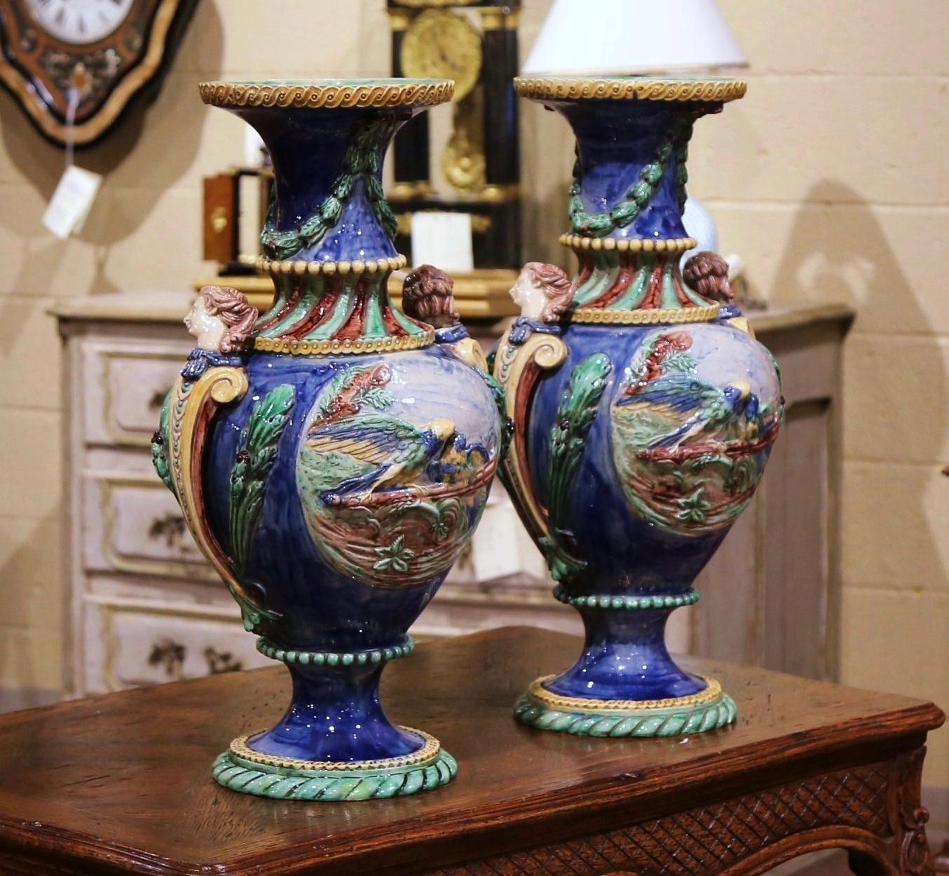 Hand-Crafted Pair of 19th Century French Painted Faience Barbotine Vases from Thomas Sergent For Sale