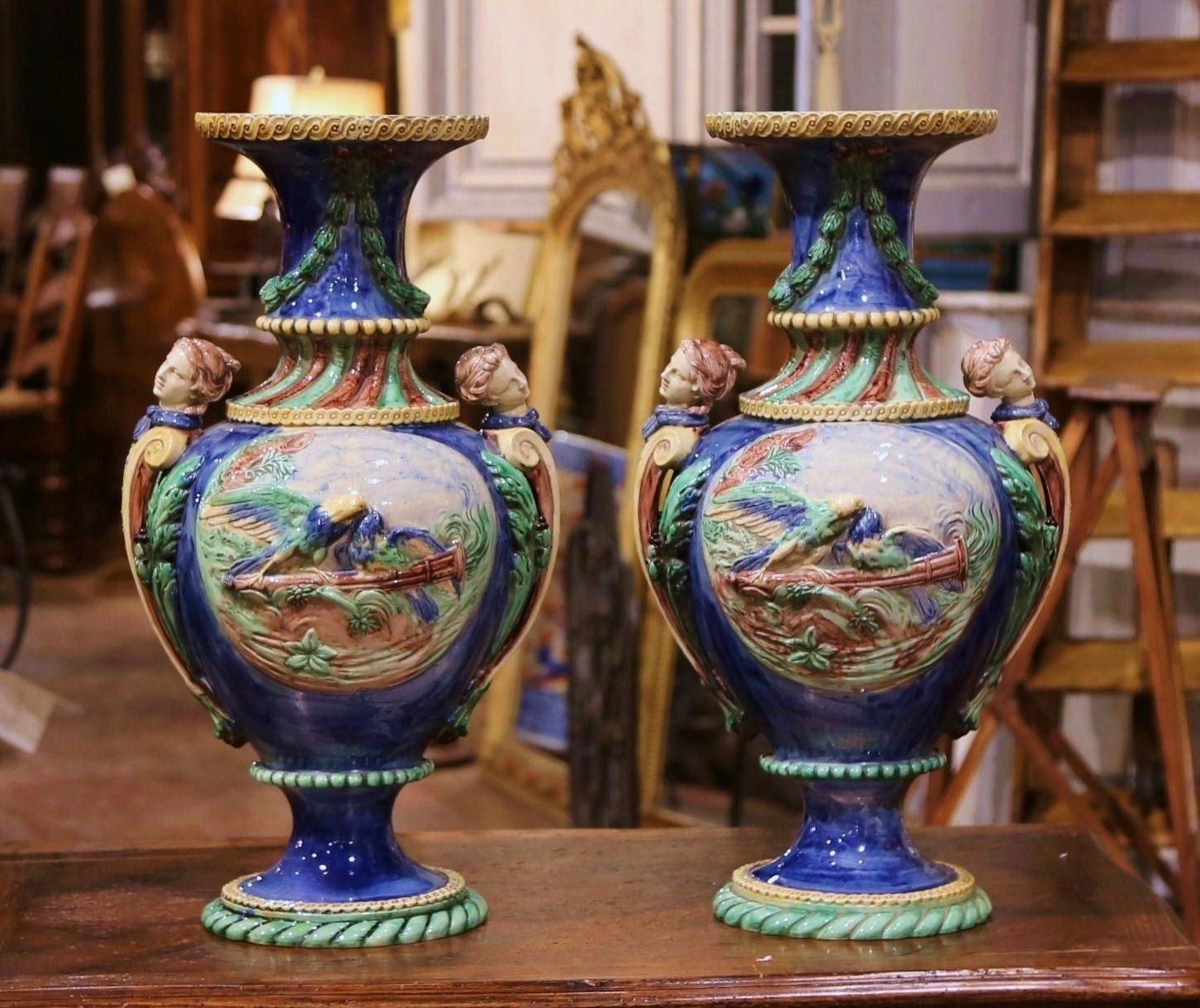 Pair of 19th Century French Painted Faience Barbotine Vases from Thomas Sergent In Excellent Condition For Sale In Dallas, TX