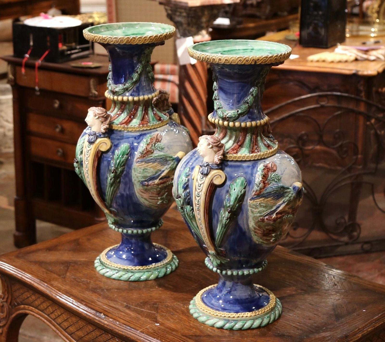Pair of 19th Century French Painted Faience Barbotine Vases from Thomas Sergent For Sale 1