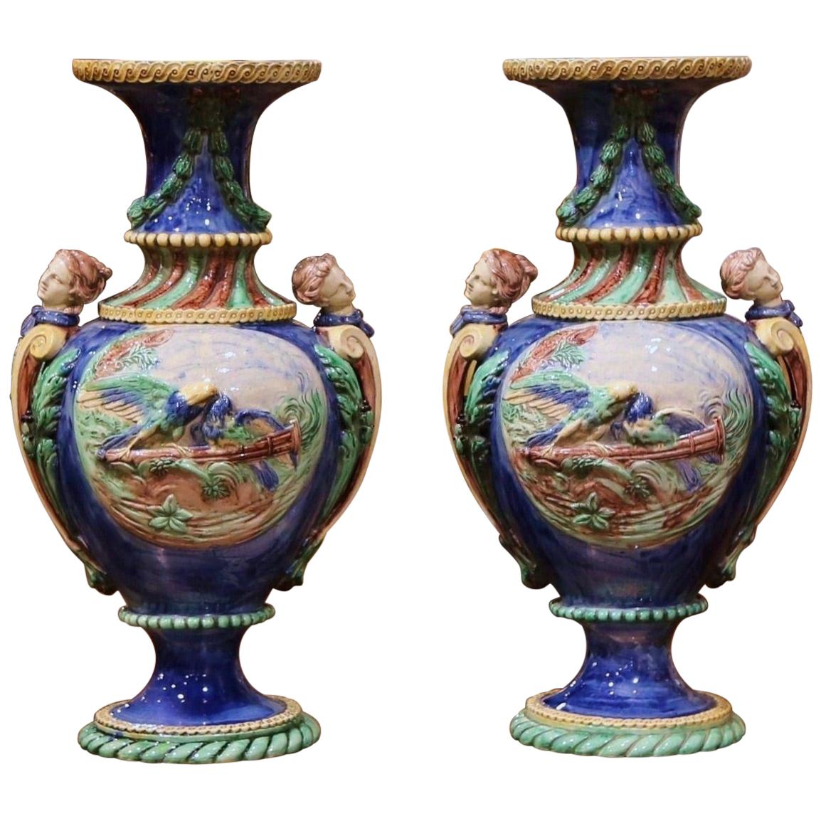 Pair of 19th Century French Painted Faience Barbotine Vases from Thomas Sergent For Sale