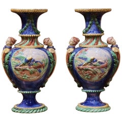 Pair of 19th Century French Painted Faience Barbotine Vases from Thomas Sergent
