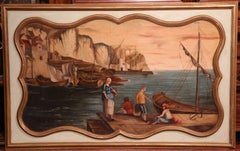 Pareja de paneles murales franceses del siglo XIX pintados con escenas portuarias y pastorales