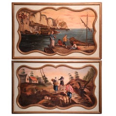 Pair of 19th Century French Painted Harbor and Pastoral Scenes Wall Panels