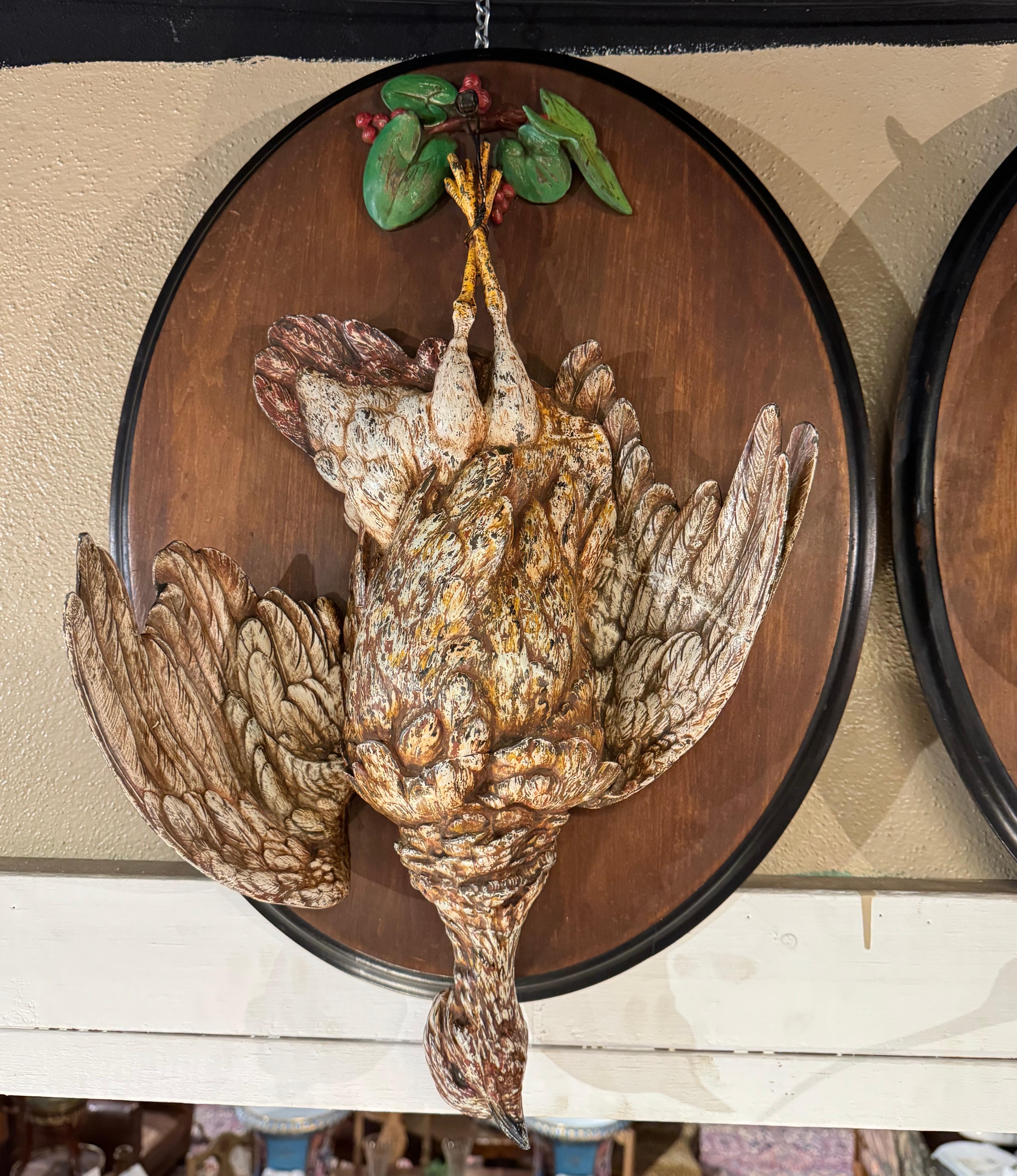 Black Forest Pair of 19th Century French Painted Iron Bird Wall Trophies on Walnut Plaques For Sale