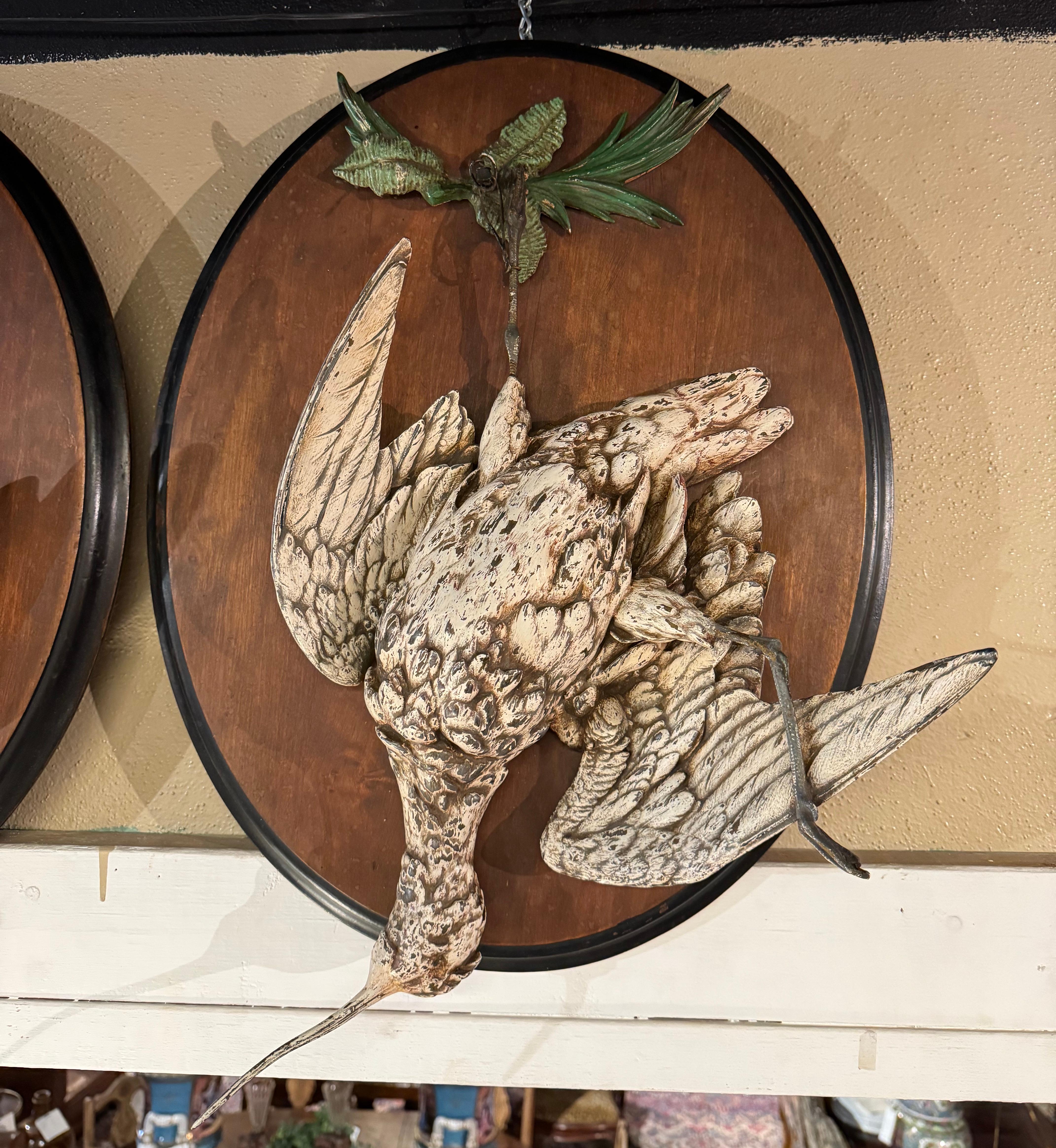 Hand-Carved Pair of 19th Century French Painted Iron Bird Wall Trophies on Walnut Plaques For Sale