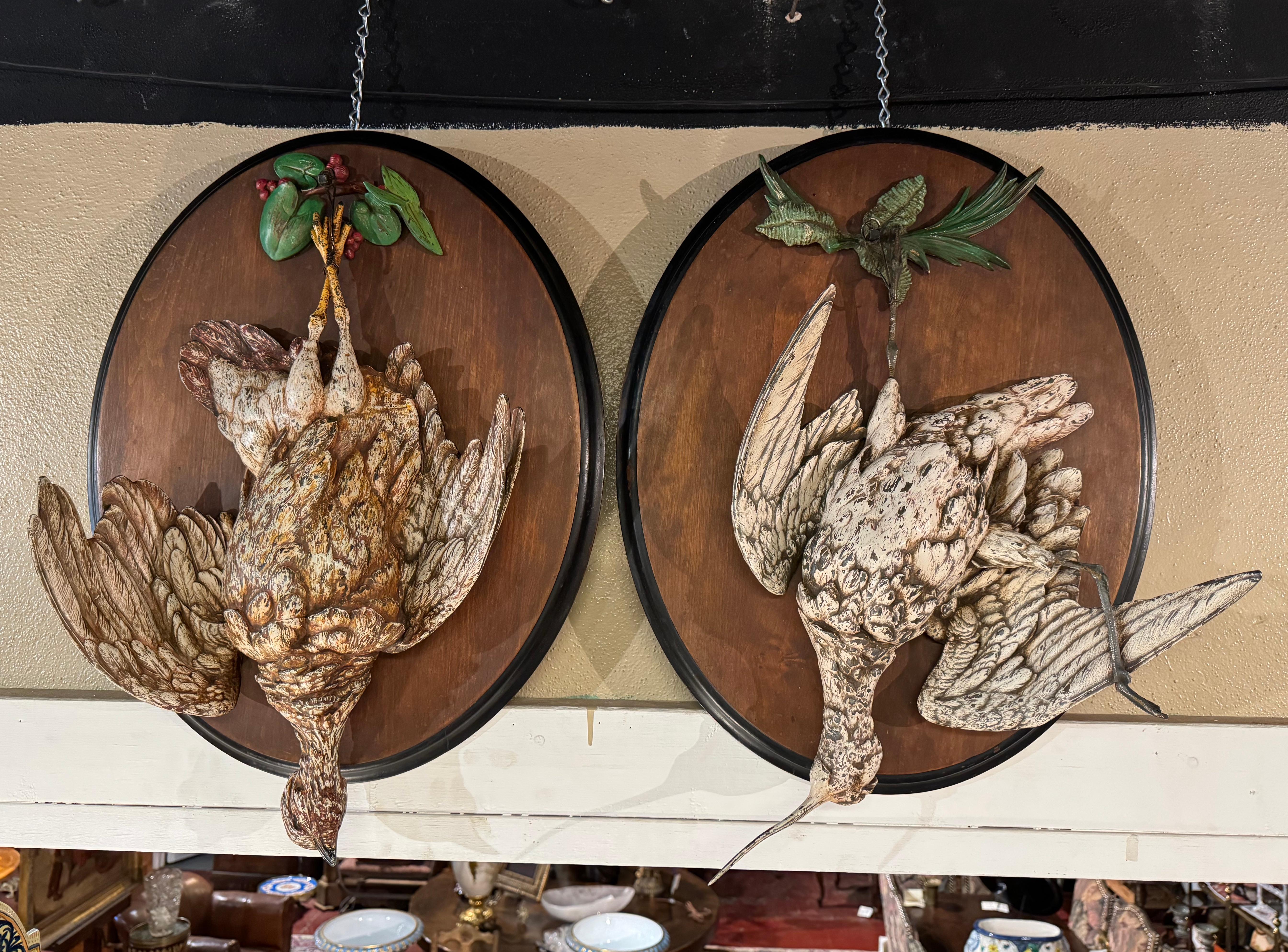 Pair of 19th Century French Painted Iron Bird Wall Trophies on Walnut Plaques In Excellent Condition For Sale In Dallas, TX