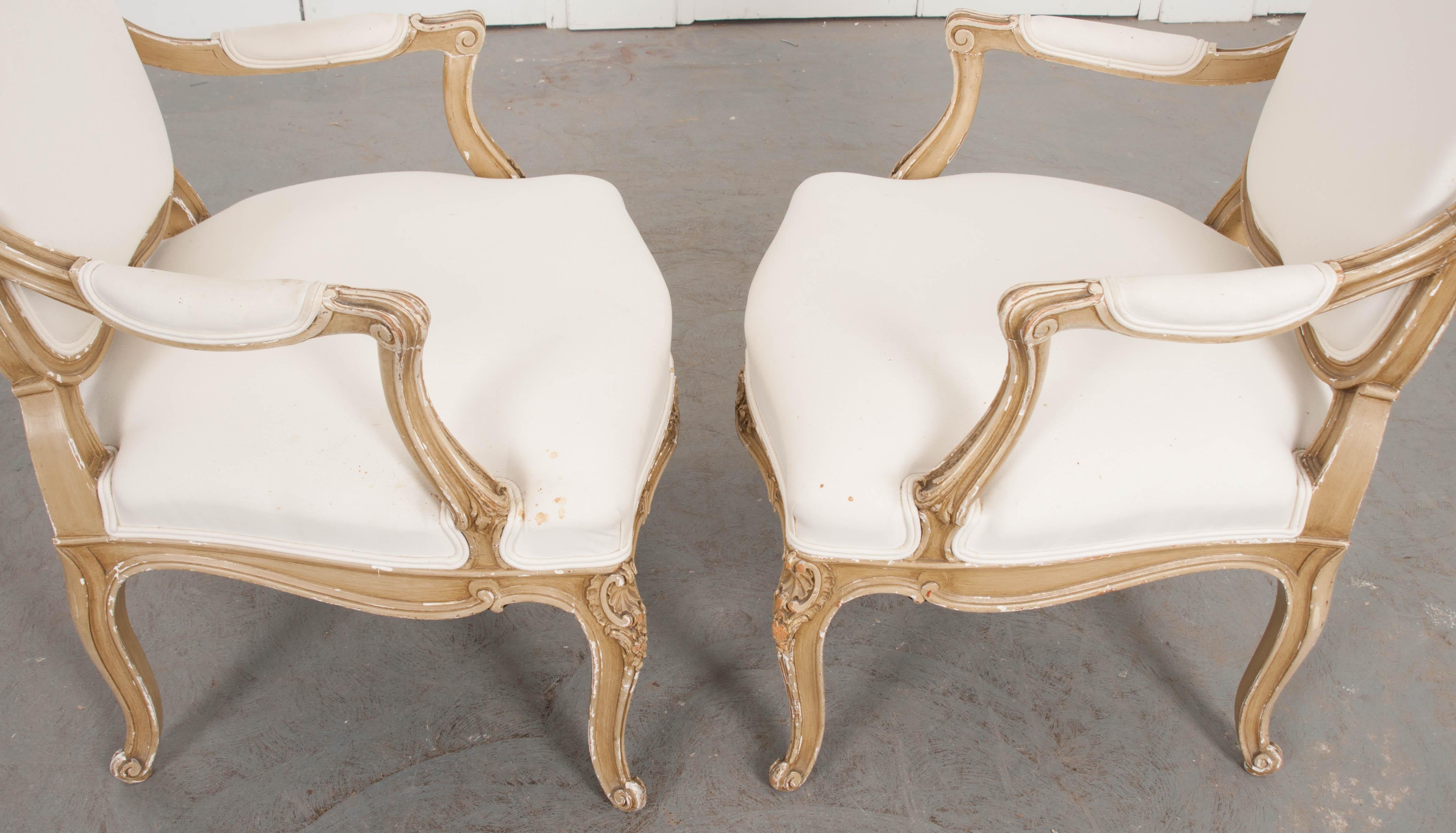 Pair of 19th Century French Painted Louis XV Fauteuils 4