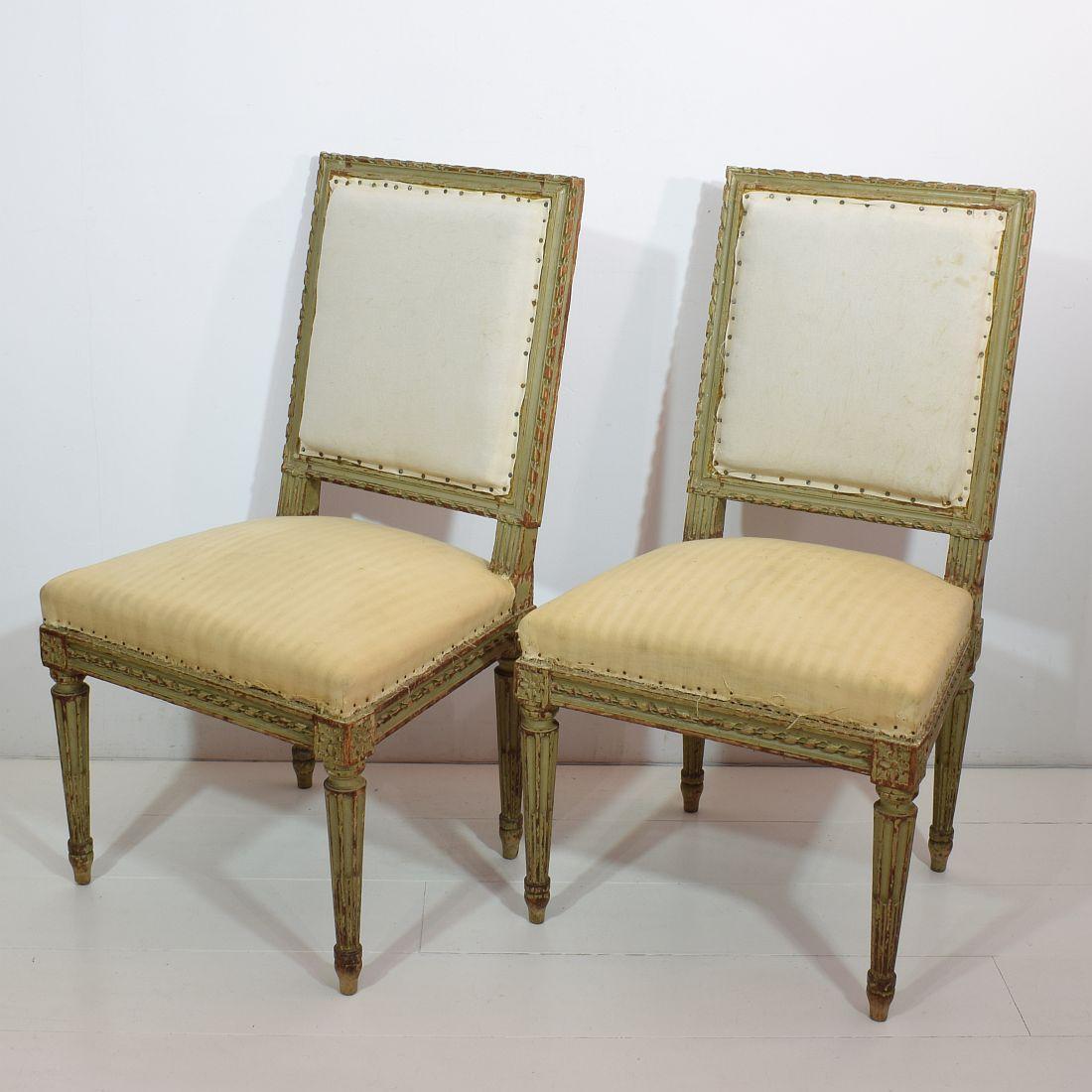 Carved Pair of 19th Century French Painted Louis XVI Style Side Chairs