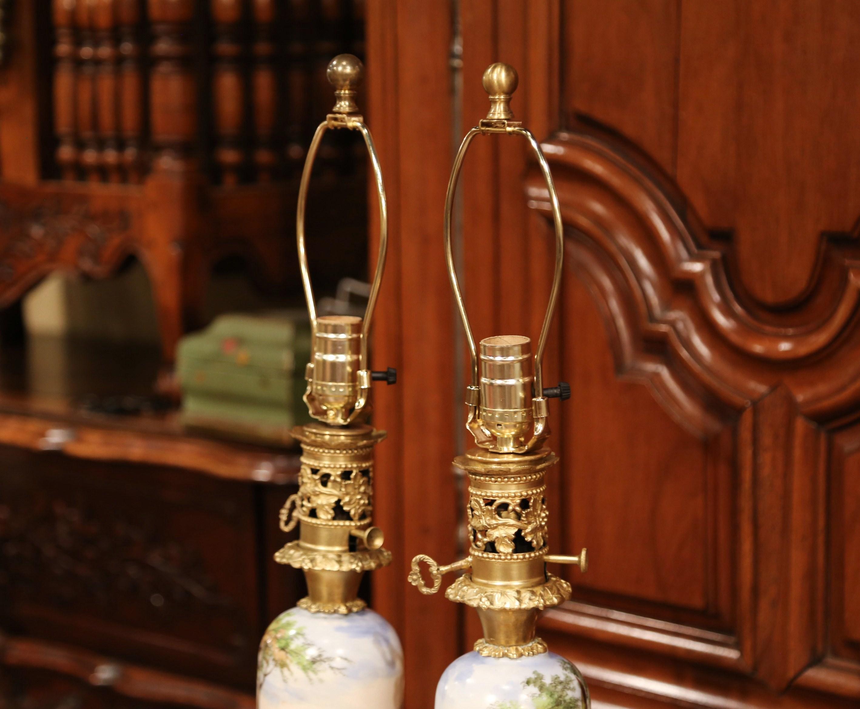 Pair of 19th Century French Painted Porcelain & Brass Oil Lamps with Hunt Scenes 6