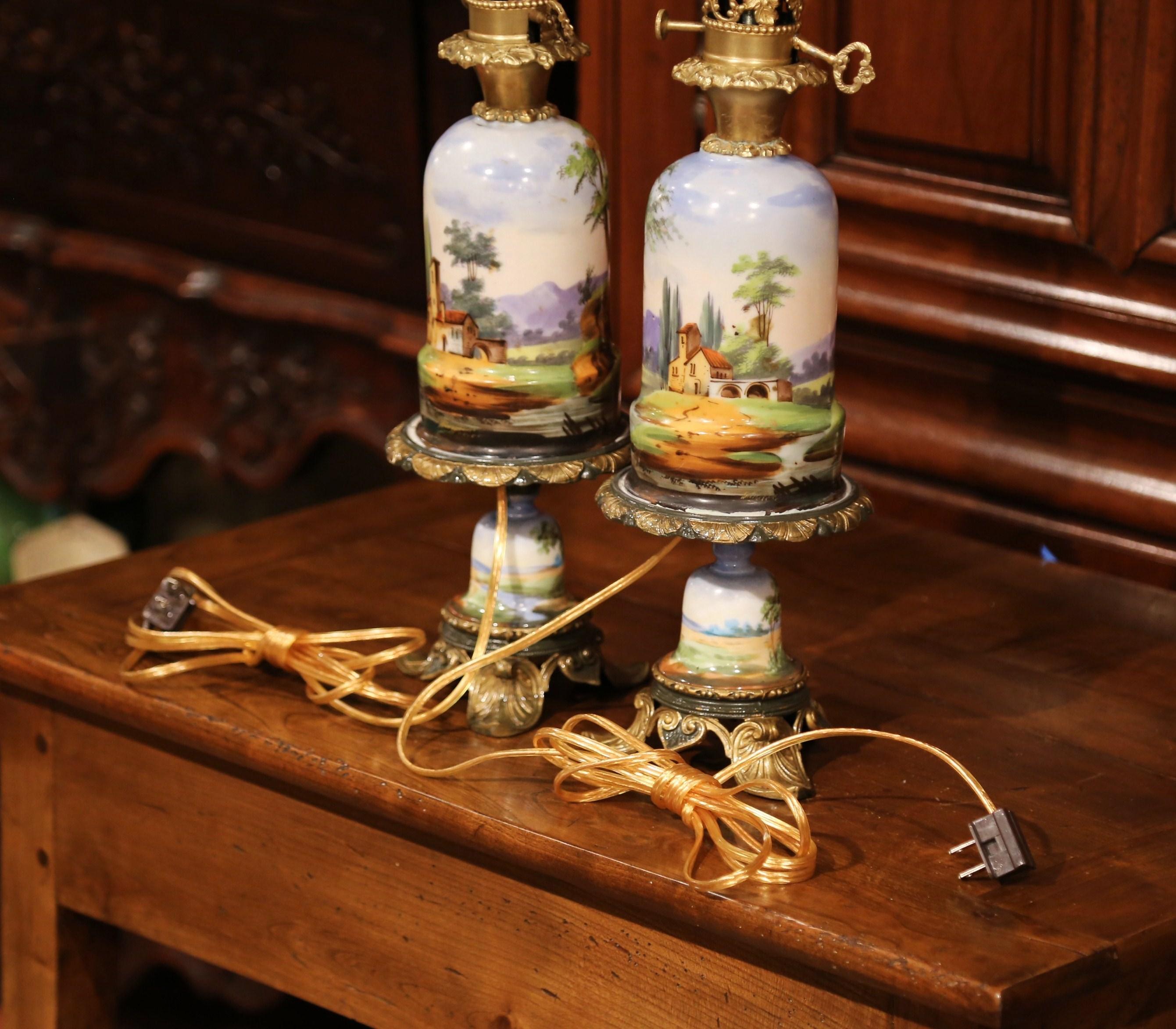 Pair of 19th Century French Painted Porcelain & Brass Oil Lamps with Hunt Scenes 7
