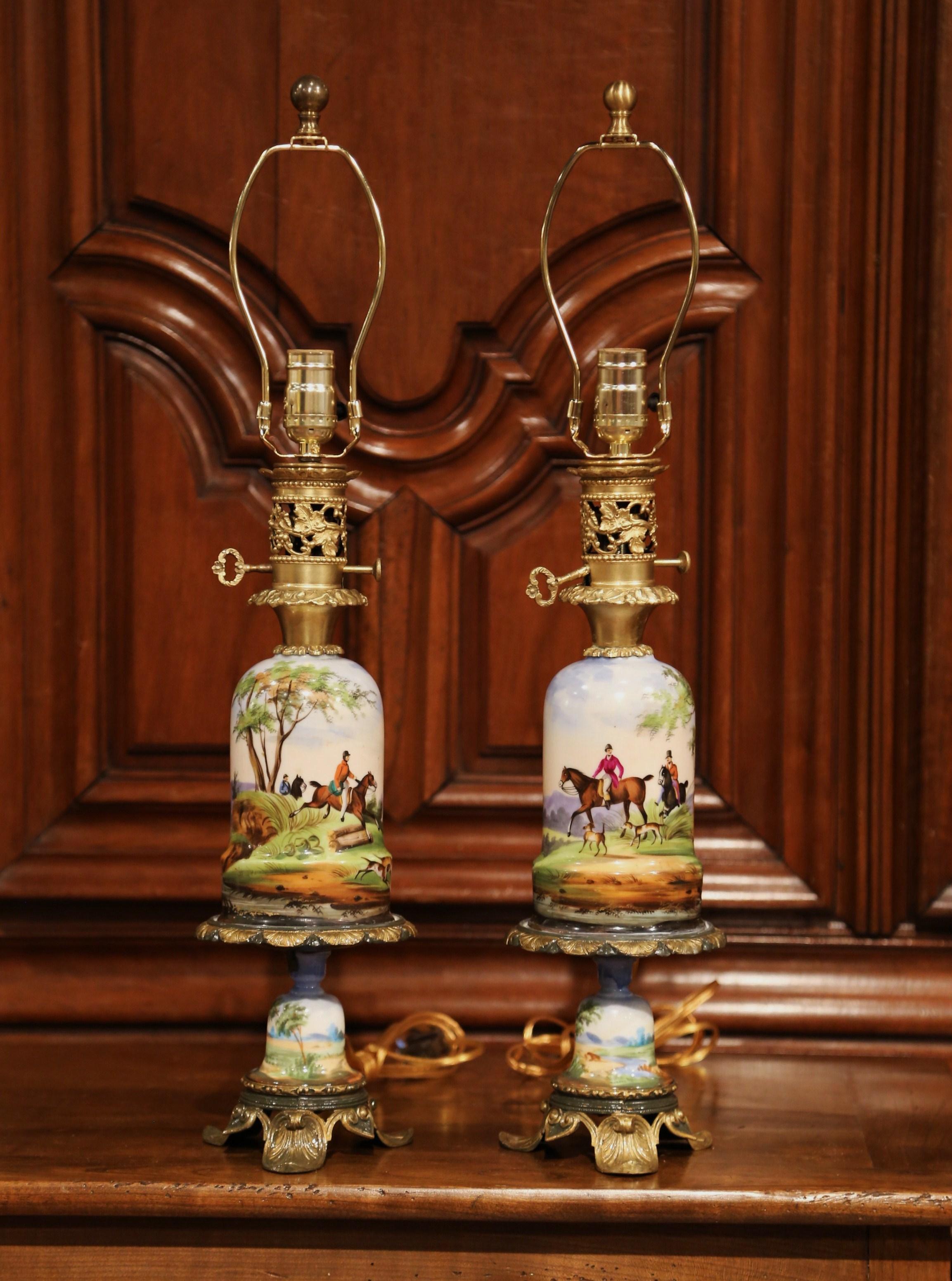 Napoleon III Pair of 19th Century French Painted Porcelain & Brass Oil Lamps with Hunt Scenes