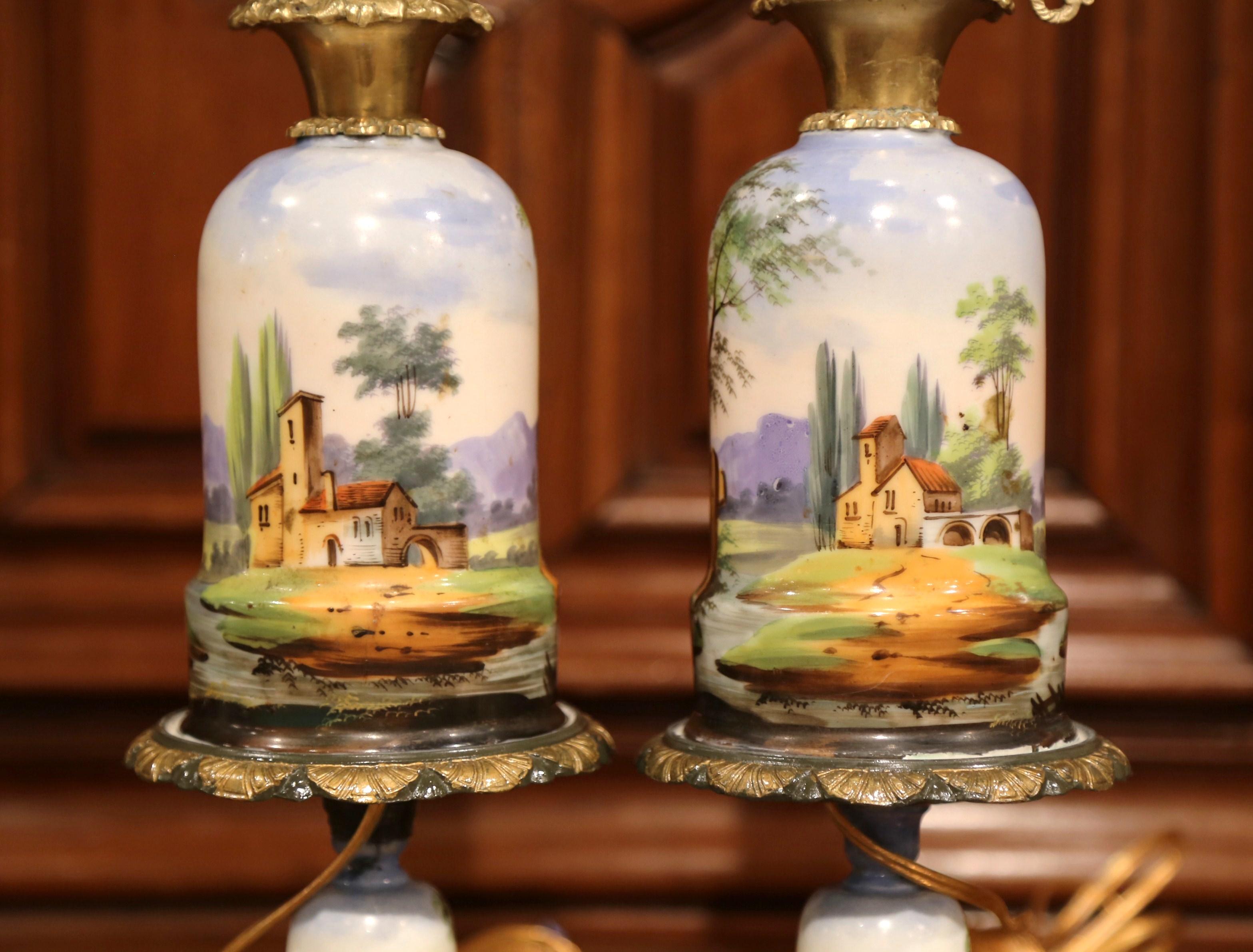 Pair of 19th Century French Painted Porcelain & Brass Oil Lamps with Hunt Scenes 1