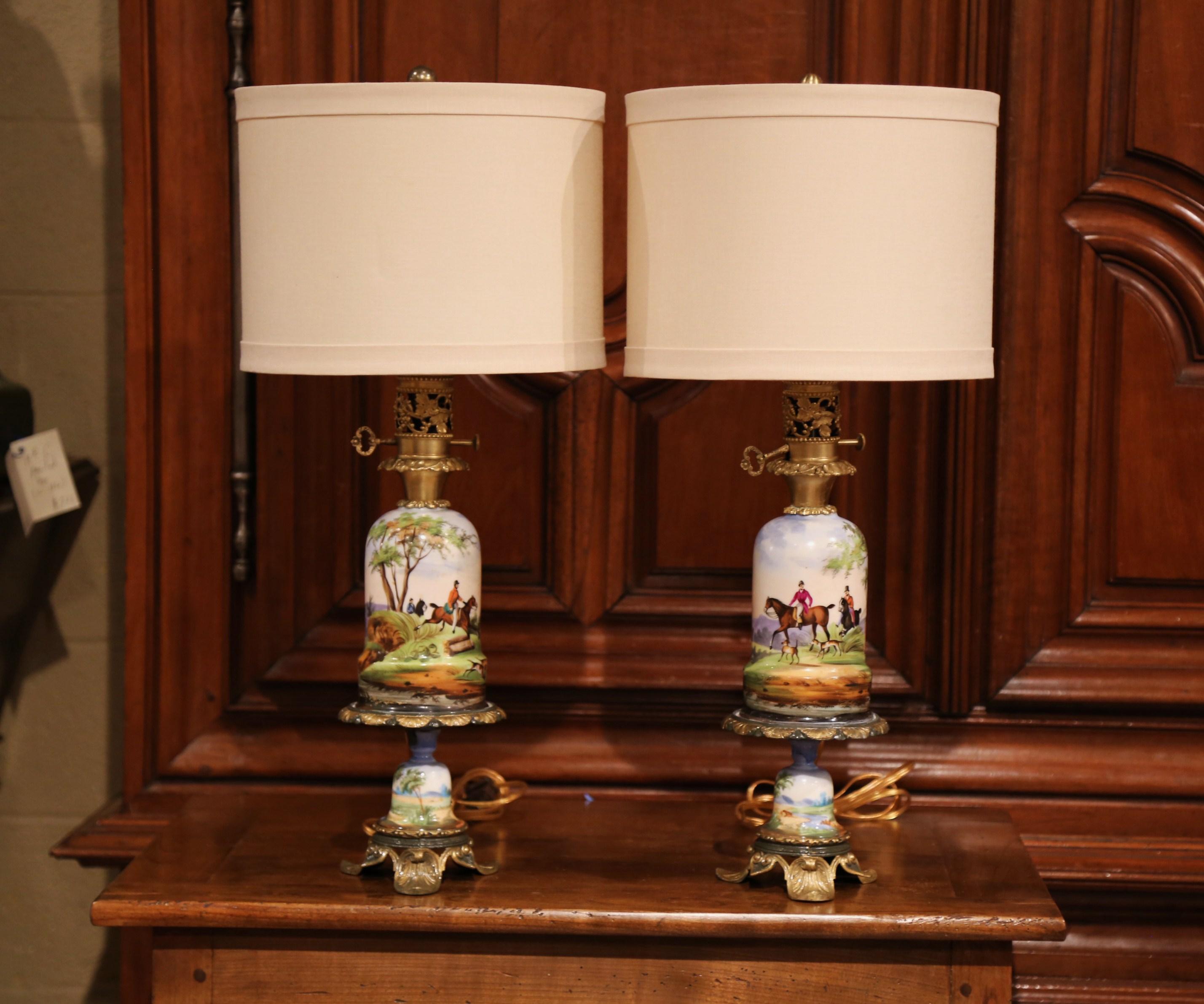 Pair of 19th Century French Painted Porcelain & Brass Oil Lamps with Hunt Scenes 2
