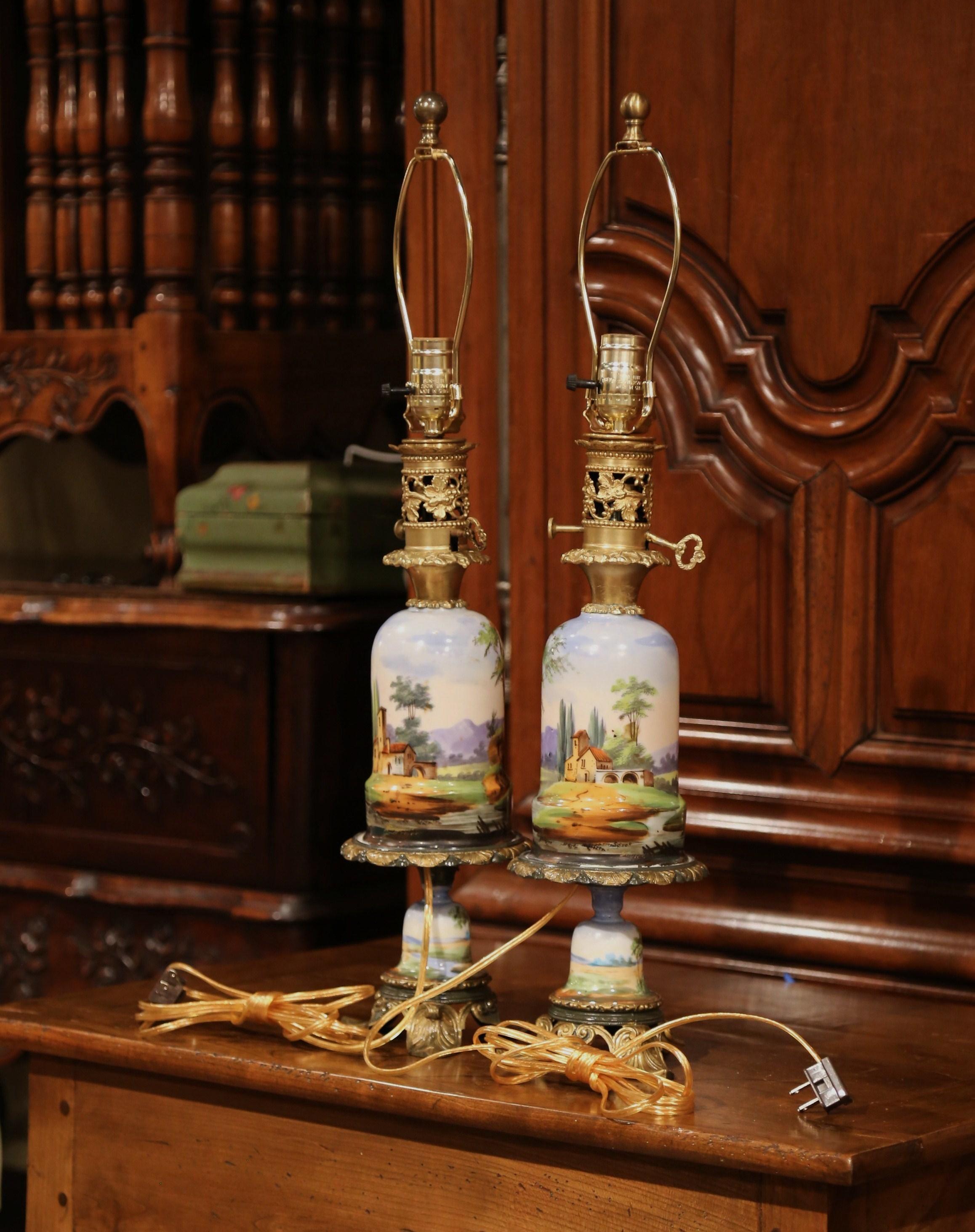 Pair of 19th Century French Painted Porcelain & Brass Oil Lamps with Hunt Scenes 4